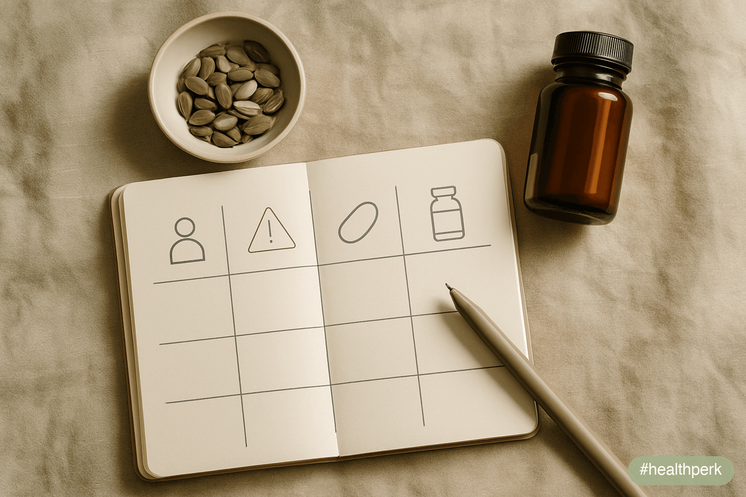 Photo of a notebook page with four columns labeled "General RDA", "Tolerable upper limit", "Acute cold lozenge", "Therapeutic correction of deficiency" — alongside a small dish of pumpkin seeds and a