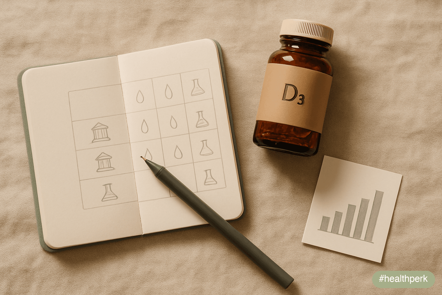Photo of a notebook page with three columns — "RDA (IOM)", "Endocrine Society", "Trial doses" — alongside a vitamin D3 supplement bottle and a small printout listing a 25-hydroxyvitamin D lab result,