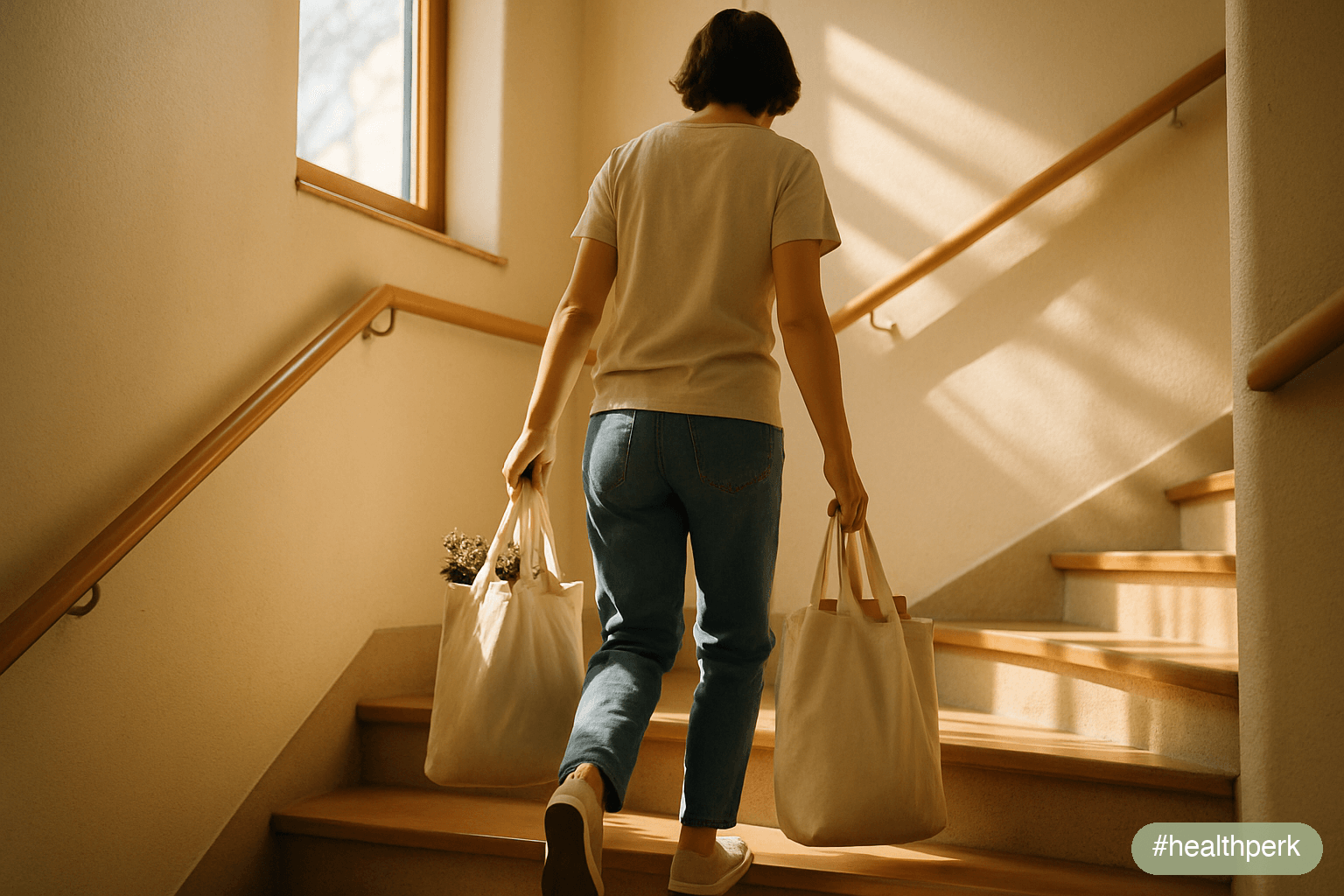 Photo of a person carrying groceries up a flight of stairs with daylight from a window, midday — illustrating how to boost metabolism naturally through daily movement and lean-mass preservation