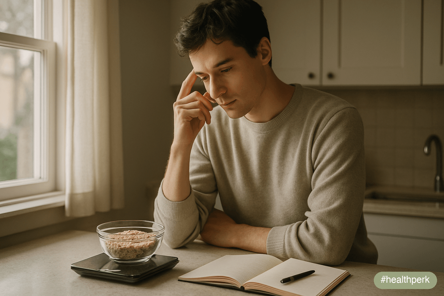 Photo of a person looking at a kitchen scale with a small bowl of oats and a notebook, soft morning light through the window — illustrating why can't I lose weight even dieting through the gap between