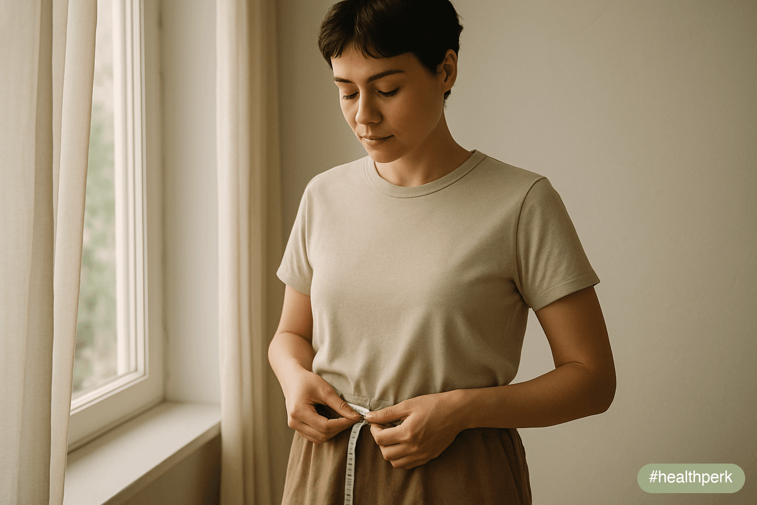 Photo of a person measuring waist with a soft tape at a window, calm composed body language — illustrating why do I gain weight easily through measurable patterns rather than scale anxiety