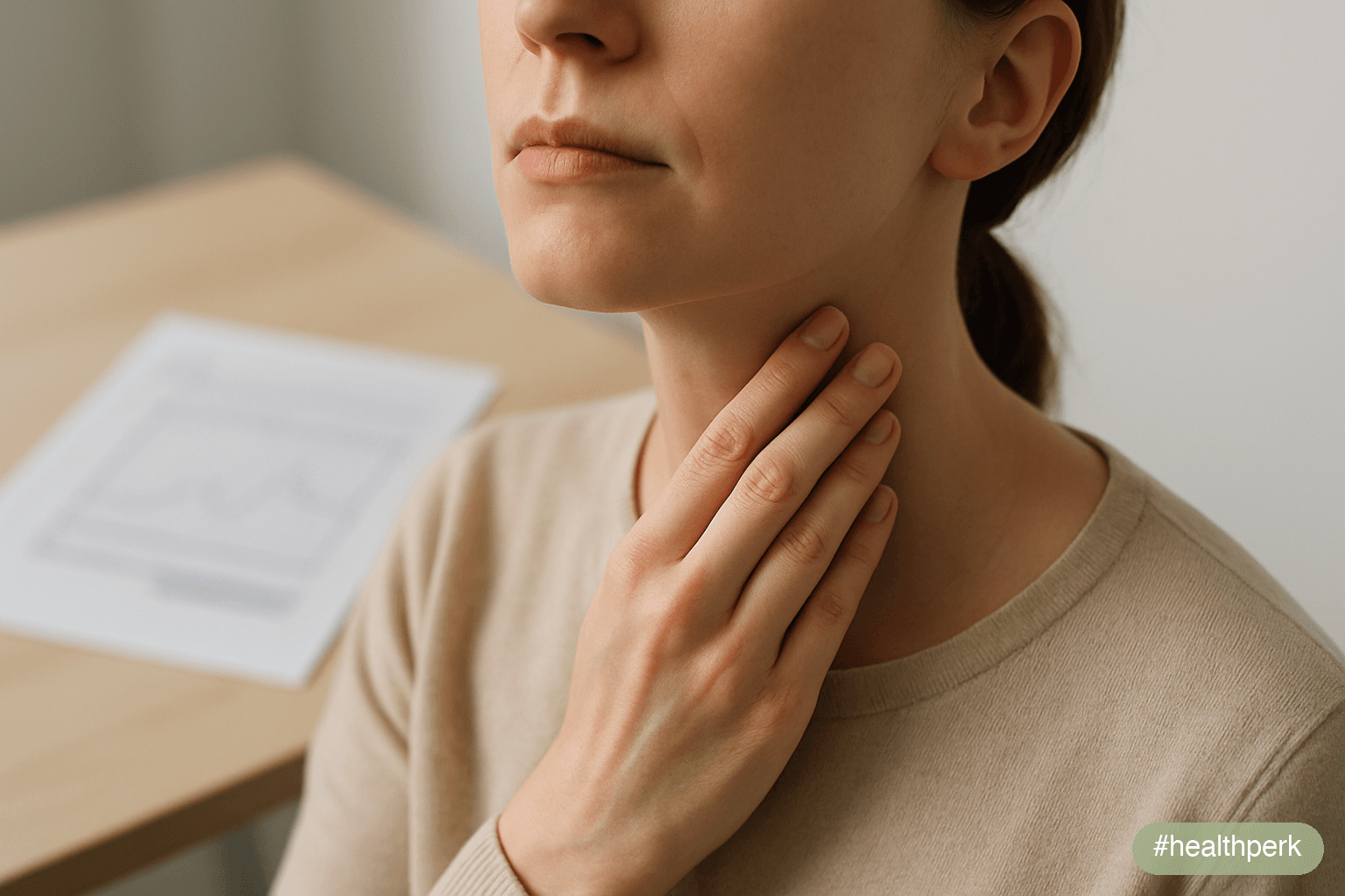 Photo of a person palpating the front of their neck near the thyroid, with a lab report showing TSH and free T4 values nearby — illustrating thyroid problems weight gain symptoms as commonly missed wi