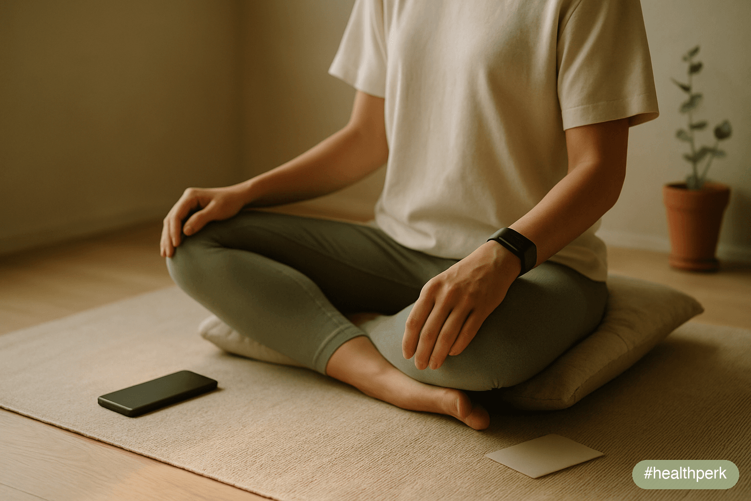 Photo of a person seated cross-legged on a cushion at dawn, phone placed face-down beside them on the floor, a small plain card resting nearby — soft window light, stillness implied, no readable text