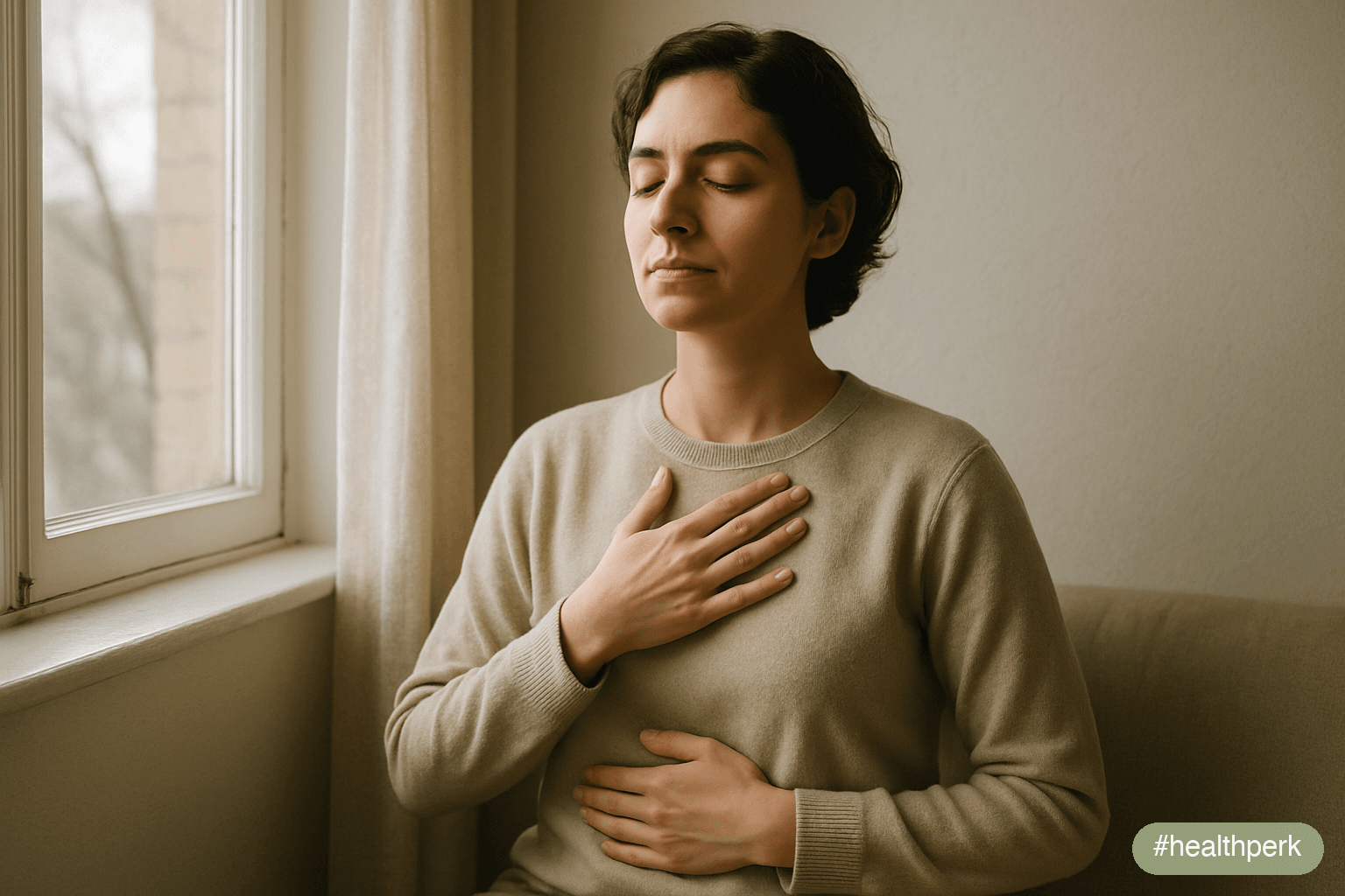 Photo of a person doing slow nasal breathing at a quiet window, soft natural light — illustrating stress and weight gain through autonomic recovery rather than additional restriction