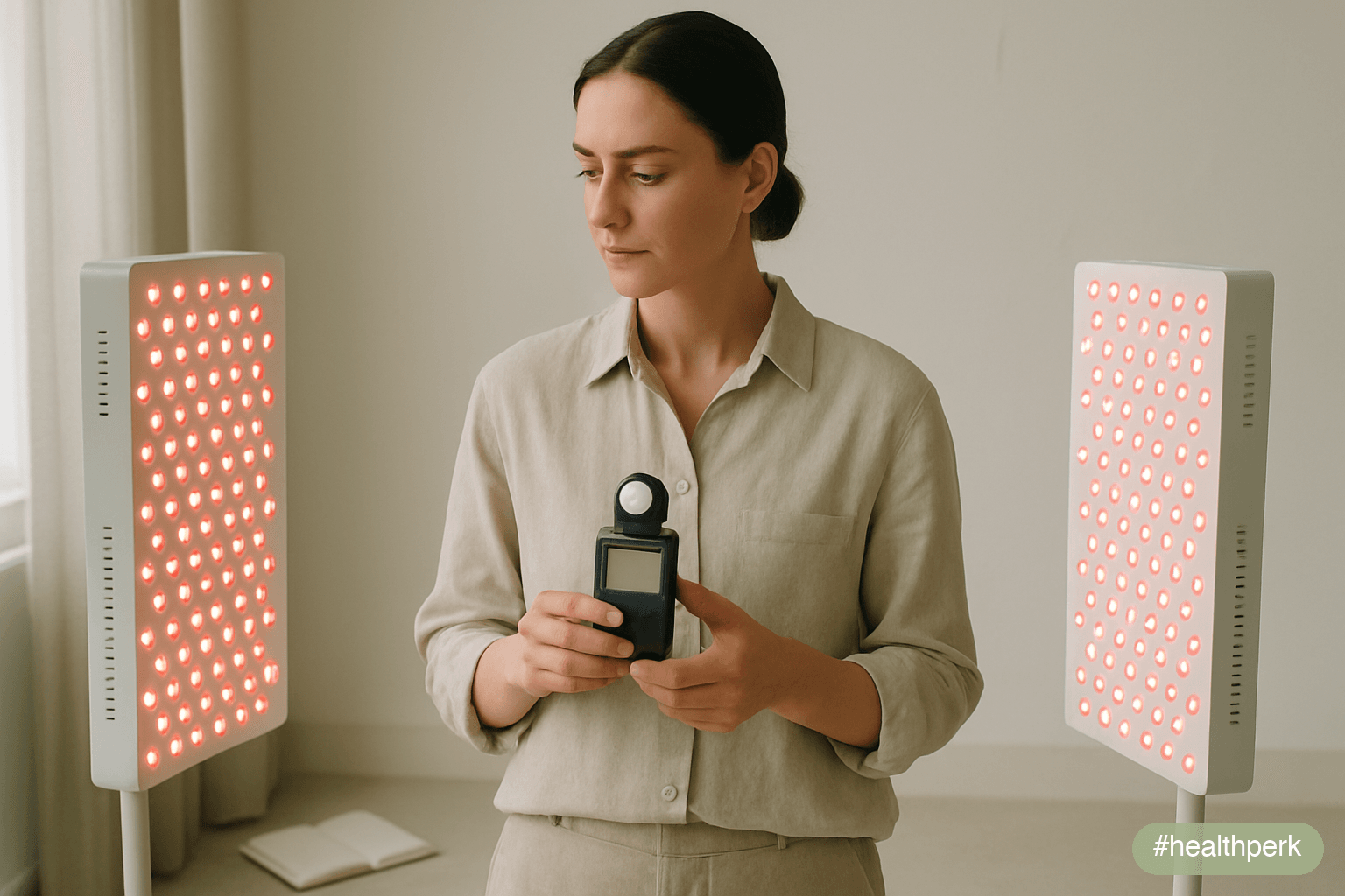 Photo of a person standing between two LED panels in a bright room, holding a small handheld meter at chest height with both hands, elbows bent naturally, gaze moving between the two panels — a closed