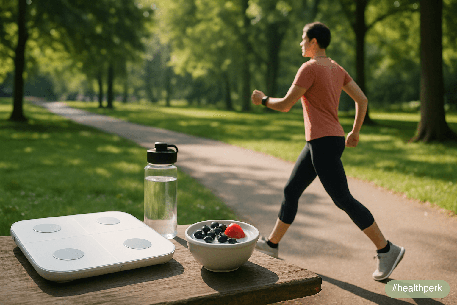 Photo of a person walking briskly in a park wearing a fitness tracker, with a phone showing daily step count, plus a smart scale, water bottle, and a plate of Greek yogurt with berries in the foregrou