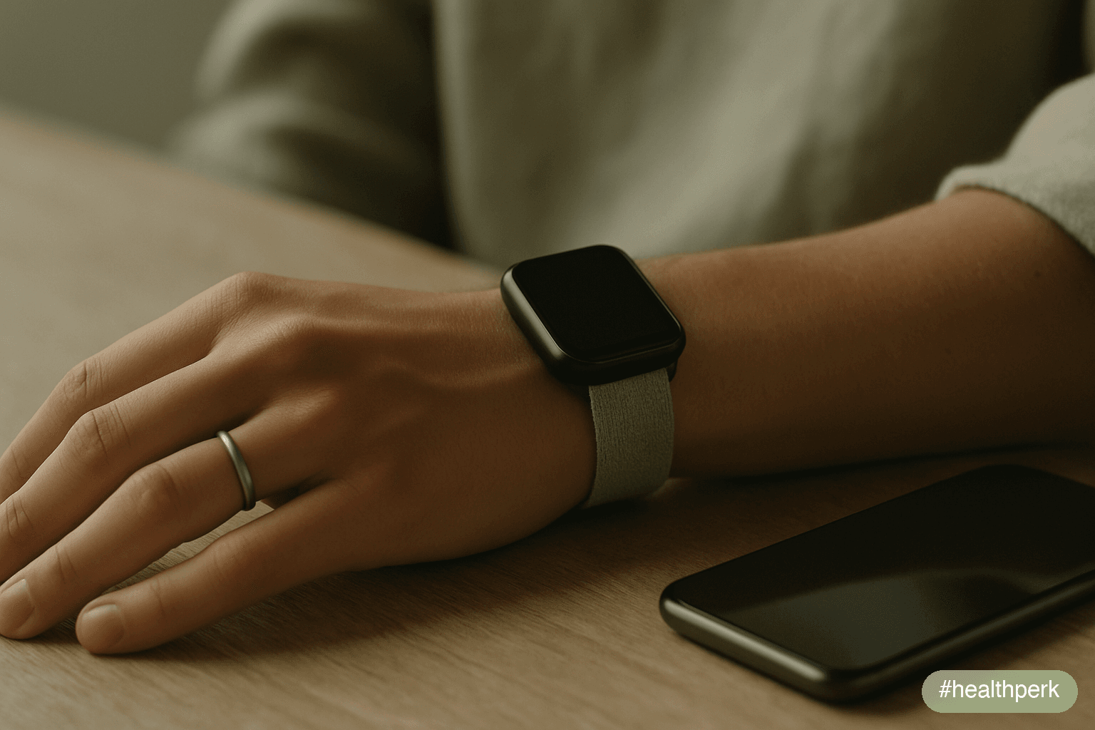 Photo of a person's wrist wearing a smartwatch — screen dark, wrist resting relaxed on a wooden surface, fingers loose and open — a slim finger ring visible on the same hand, a phone face-down nearby,