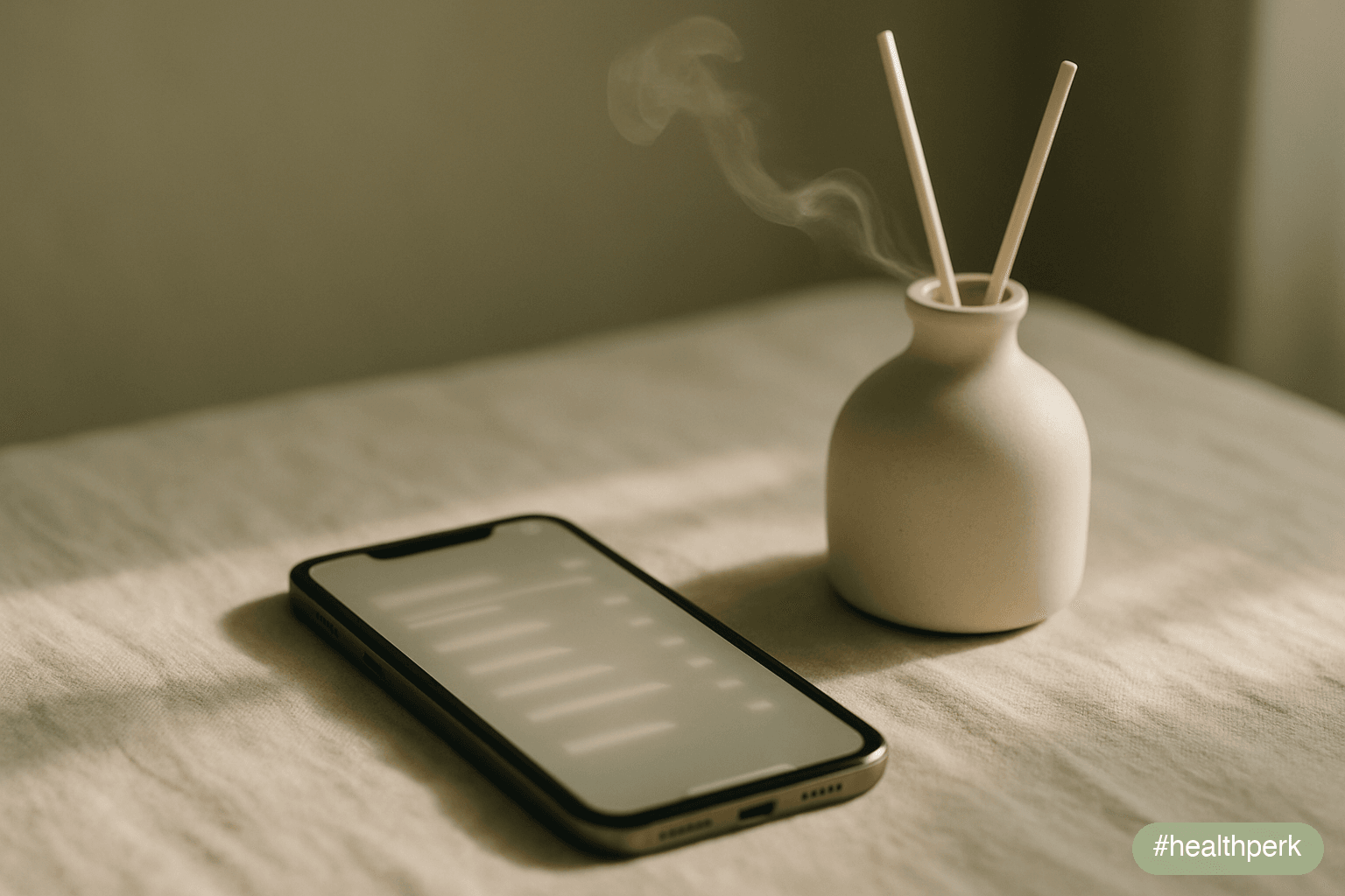 Photo of a phone resting beside a paper notebook on a linen surface — phone screen showing only a soft ambient glow, notebook open to a blank page with a pen resting across it — the paired tools of a