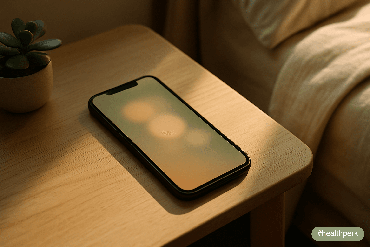 Photo of a phone on a warm wooden surface, its screen showing six bright soft-coloured circles arranged in a small cluster — no readable labels or app names — and a scattering of faded grey shapes in