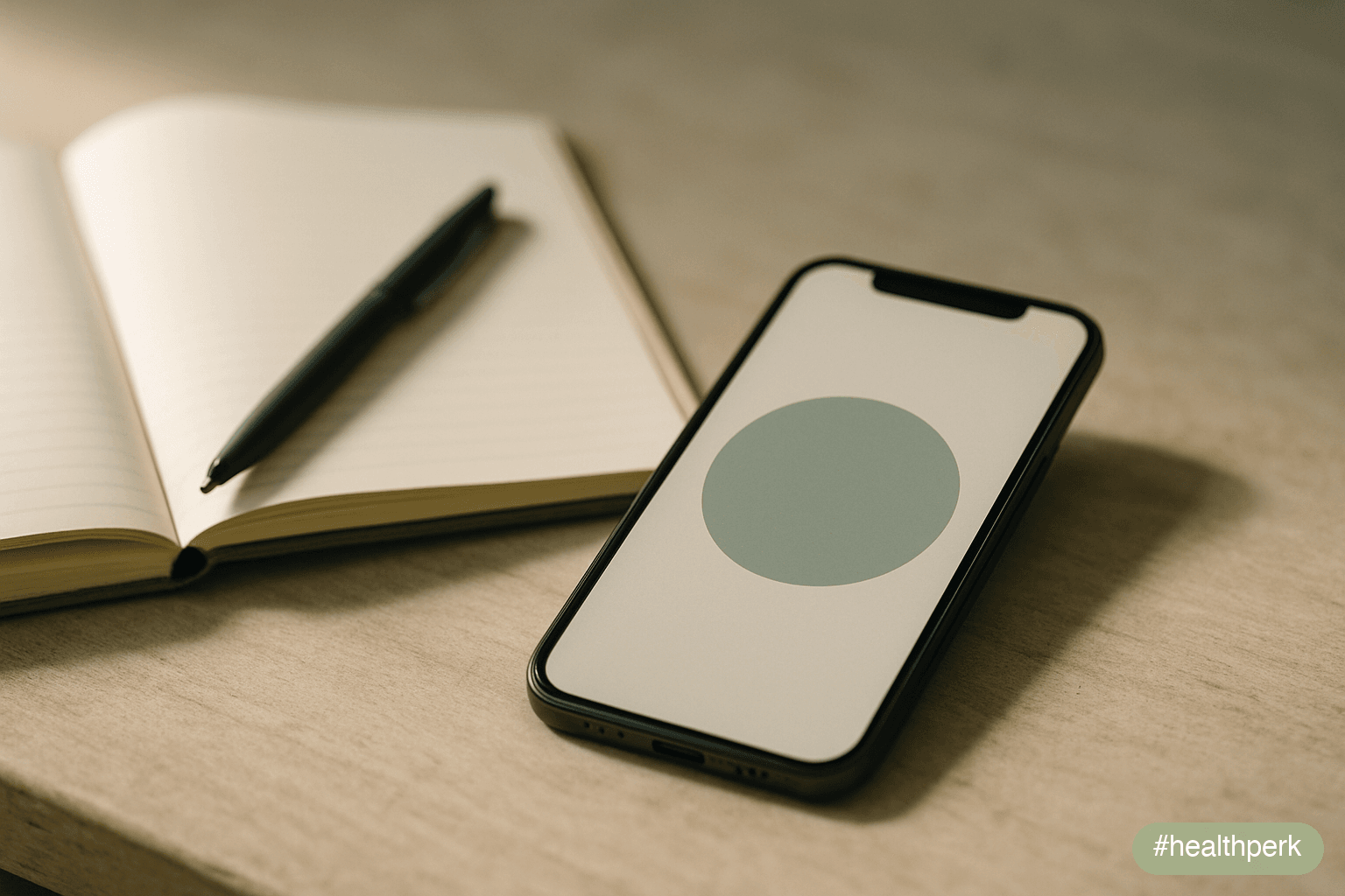 Photo of a phone on a bedside surface, screen facing up showing only an abstract soft-colour wash with four larger glowing shapes and several smaller fainter ones below — no readable metrics, labels,