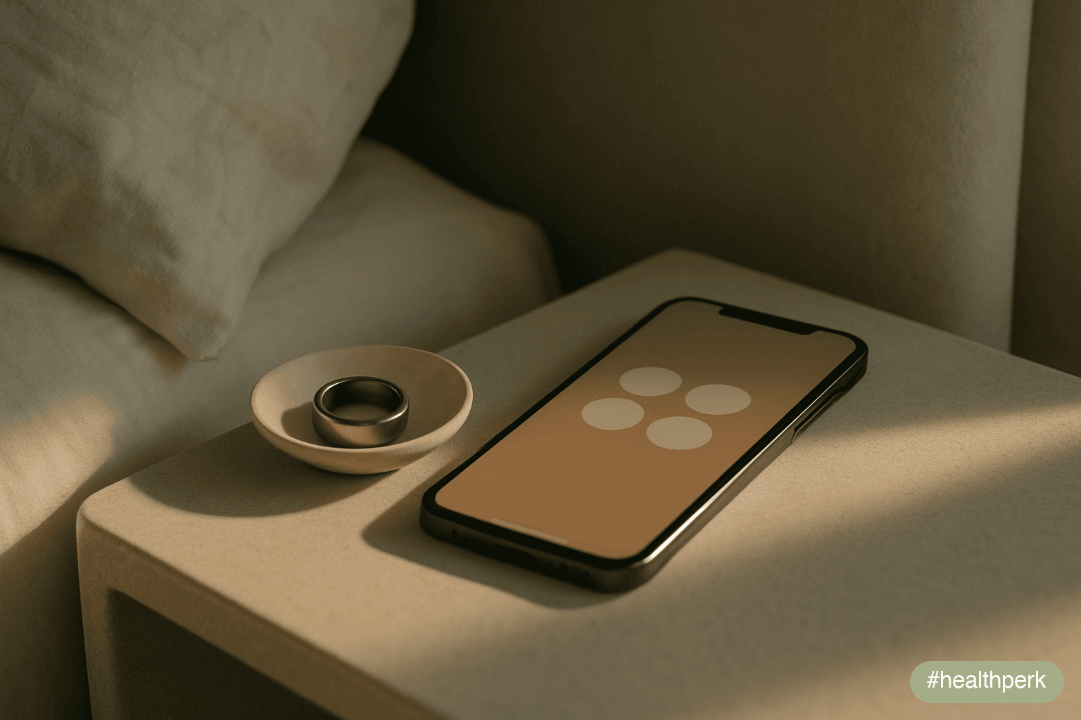 Flat-lay of four consumer sleep-tracking devices — a phone, a slim ring, a watch, and a slim band — arranged side by side on a matte linen surface, each casting a soft shadow, no screens lit, no visib