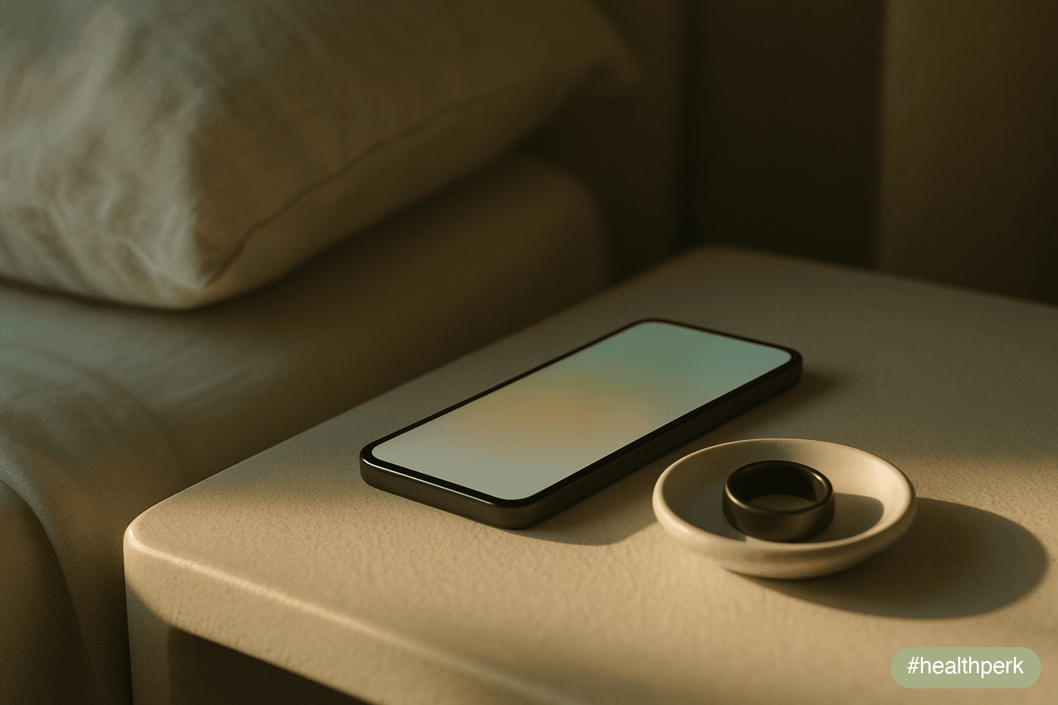 Photo of a phone on a bedside surface at dawn, screen facing up showing only an abstract soft-colour wash — no visible metrics, labels, or UI — beside a smart ring resting on a small ceramic dish, mor