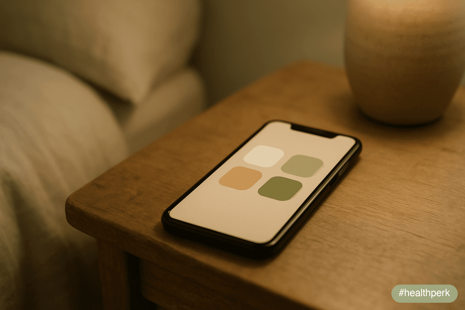 Photo of a phone on a desk showing a single large circular timer shape — no readable numbers or text visible — beside an open notebook with a pen resting across it, the paired rhythm of a focused work