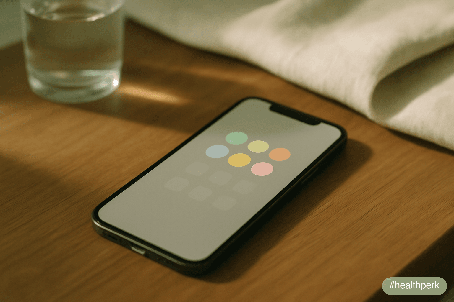 Photo of a phone on a warm wooden surface, its screen showing three horizontal bands of soft colour — the visual logic of a sorted list, no readable labels or app names — the deliberate hierarchy of a