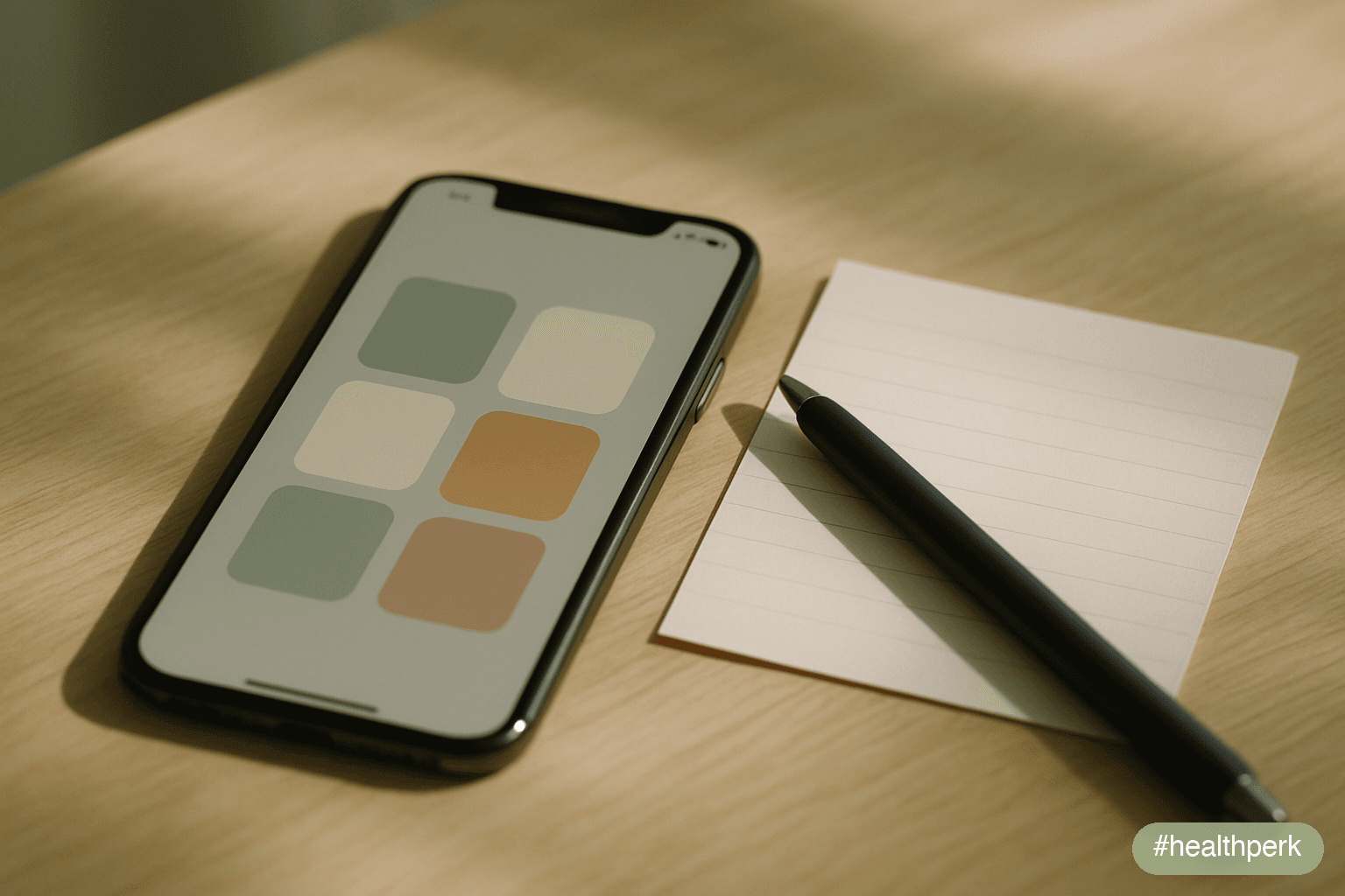 Photo of a wall calendar with a plain sticky note beside it — no readable writing — and a phone resting face-down beneath it, a glass of water and a small supplement bottle on the nearby surface, sugg