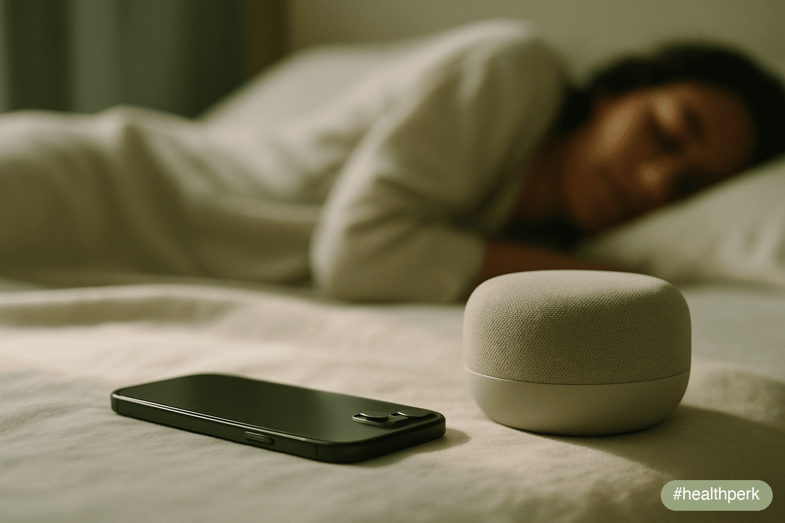 Photo of a phone resting screen-side down beside a small bedside speaker, a sleeping figure softly blurred in the background — warm dim light, the stillness of a well-masked room, no visible text or U