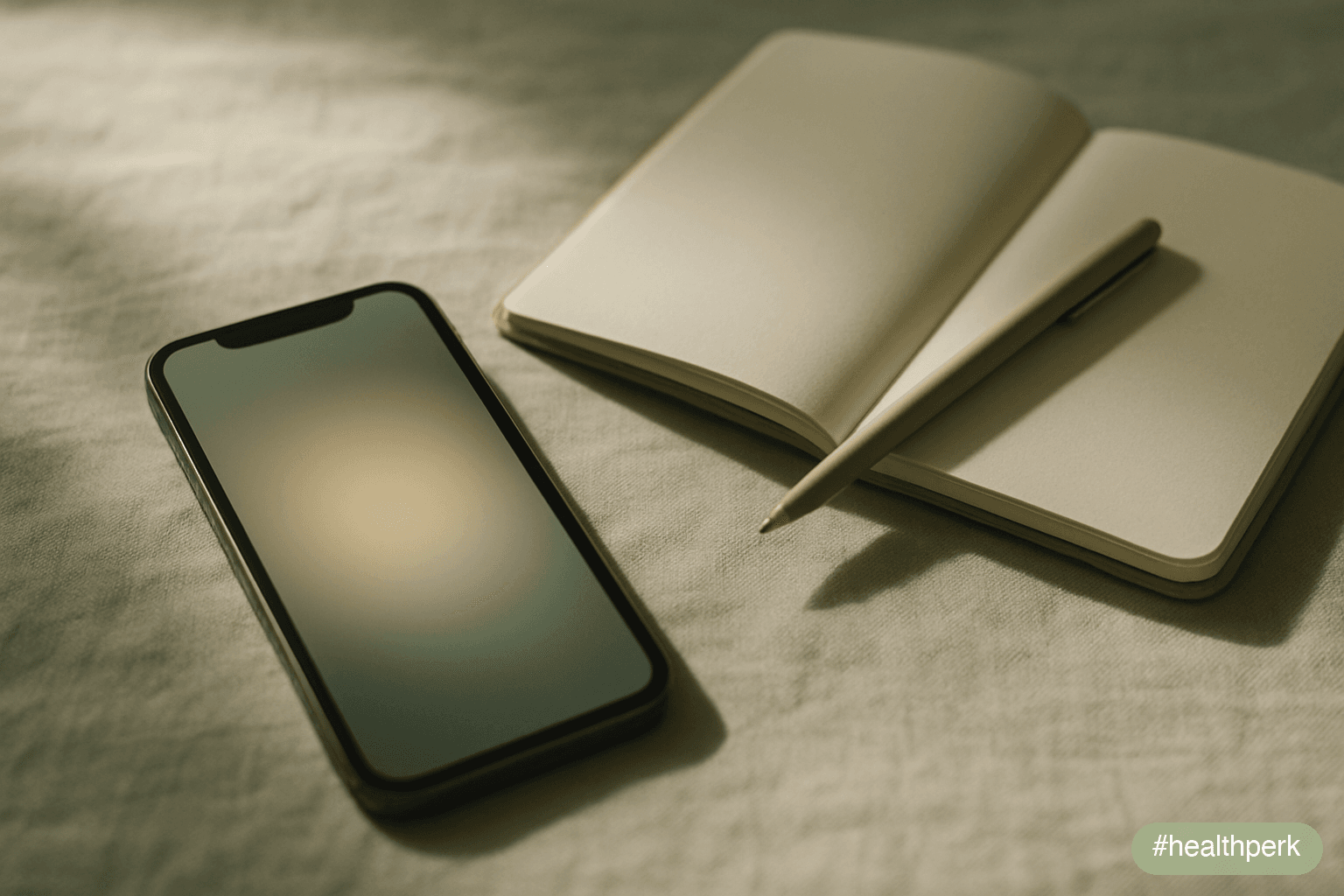 Photo of a phone on a warm linen surface, screen showing only a soft-glowing list of indistinct shapes — no readable titles or labels — beside a small ceramic diffuser with a curl of steam, suggesting