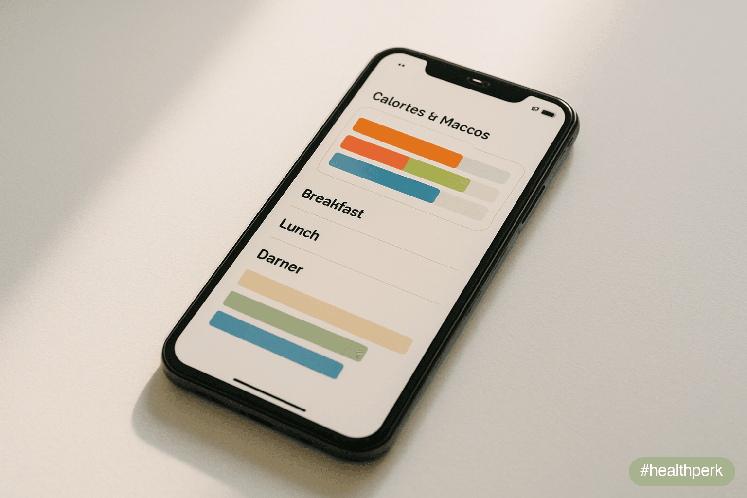 Photo of a phone screen showing a daily calorie and macro breakdown with a logged breakfast, lunch, and dinner — illustrating calorie tracking apps with their characteristic interface