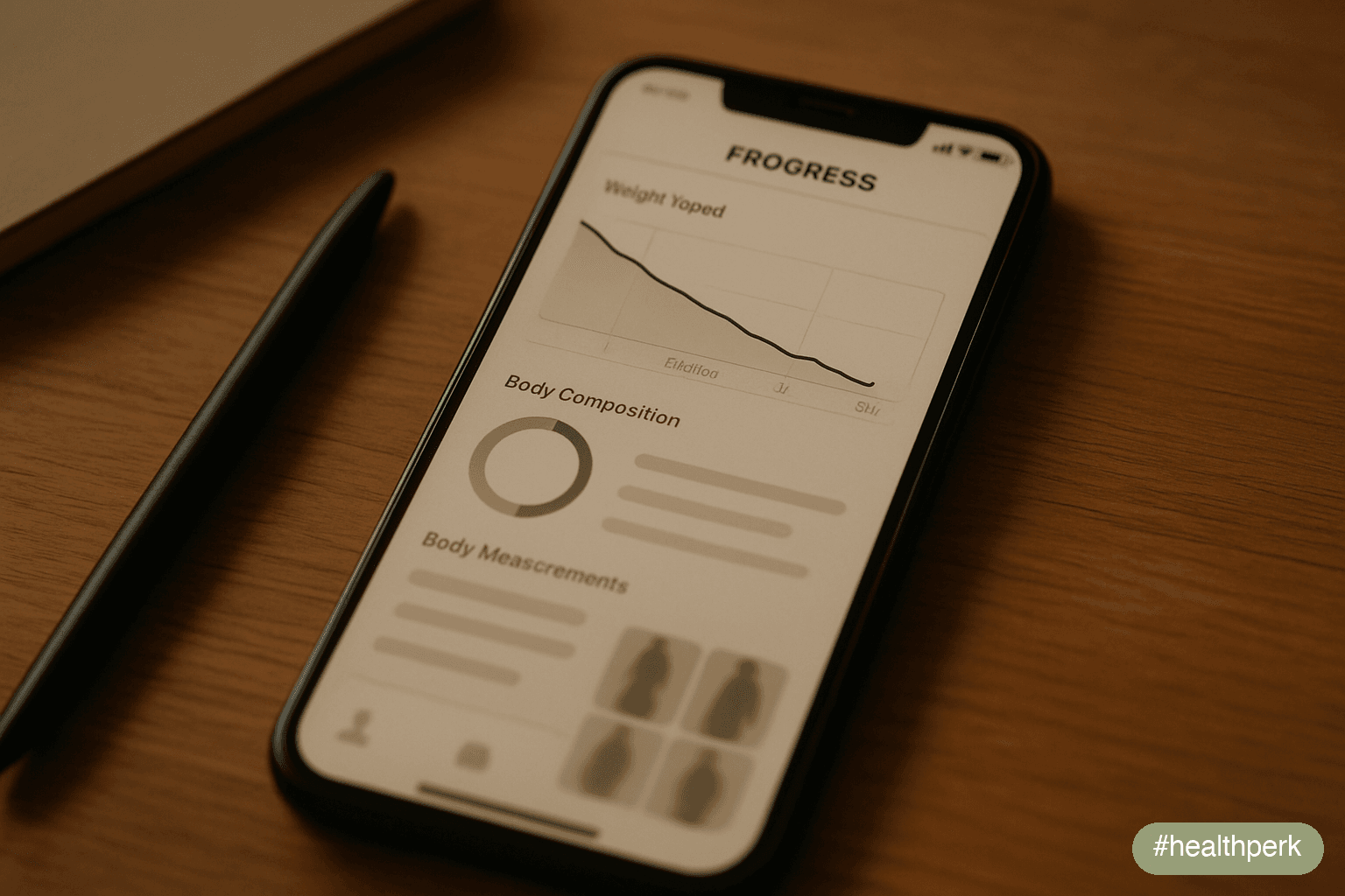 Photo of a phone screen showing a weight-trend graph, a body fat percentage trend, a body measurements log, and a progress-photo grid — illustrating apps to track weight loss progress with more than c