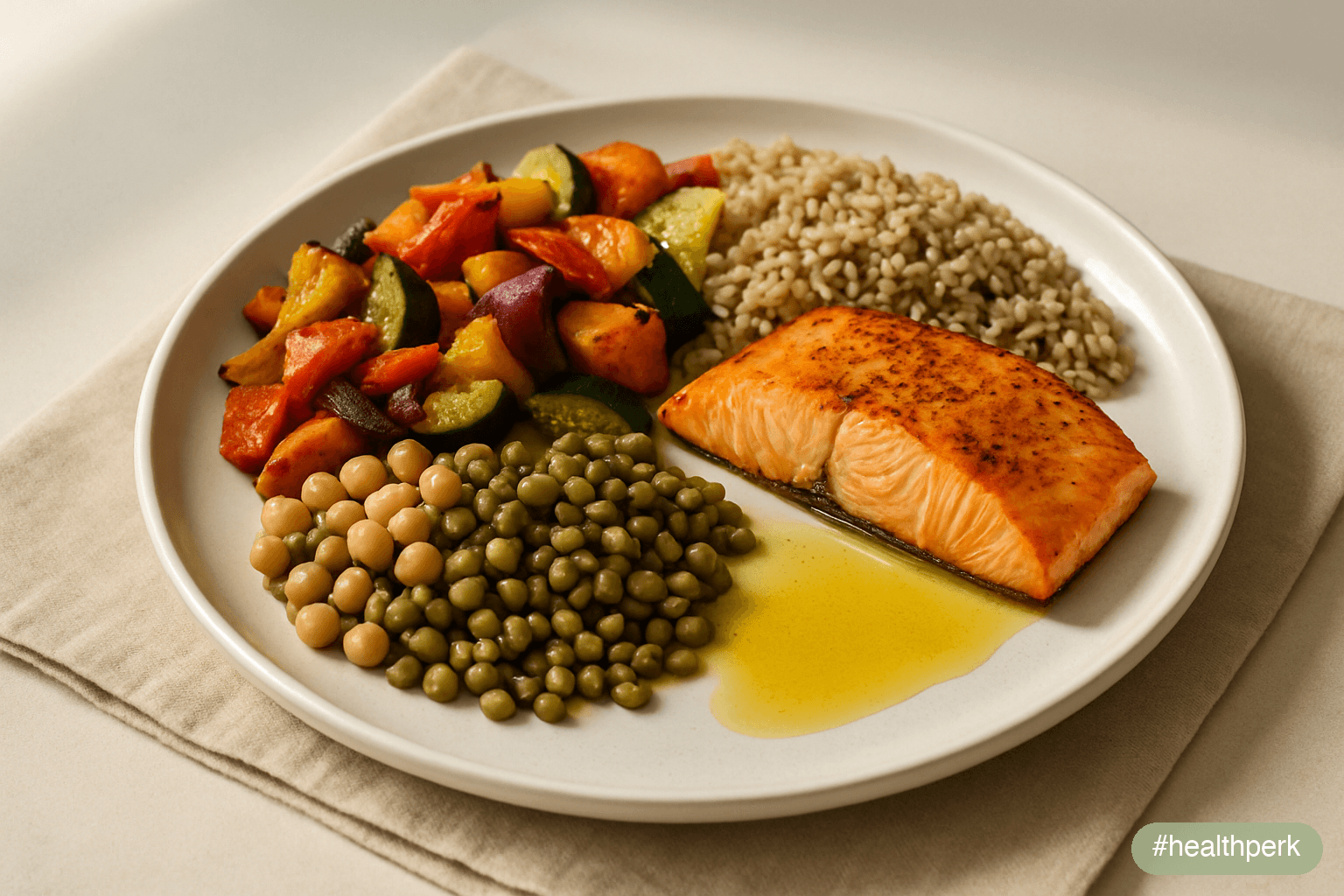 Photo of a plate divided into vegetables, legumes, salmon, whole grains, and an olive oil drizzle, beside a glass of water, a bowl of berries, and a small portion of nuts — the whole-food Mediterranea