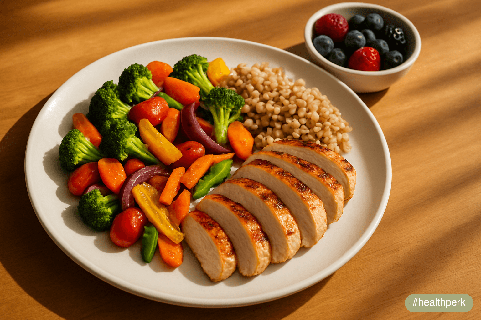 Photo of a plate divided into half-vegetables, a quarter lean protein, and a quarter whole grains, with a small side bowl of berries — illustrating foods that reduce appetite by combining volume, prot