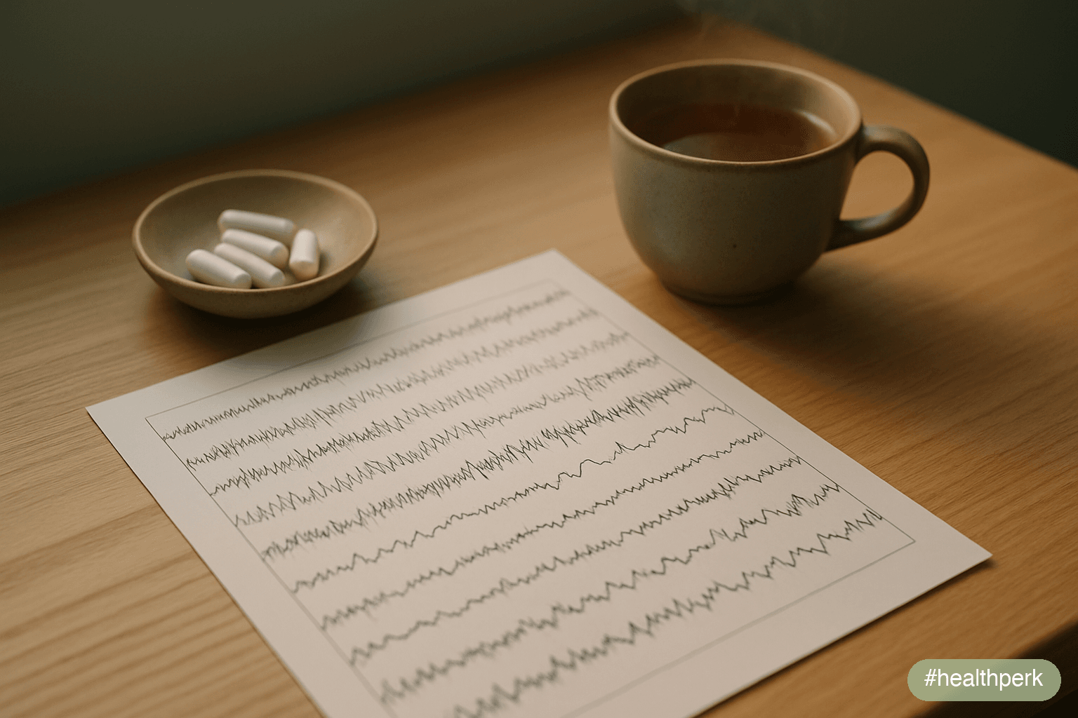 Photo of a polysomnography report next to a small dish of magnesium glycinate capsules and an evening cup of herbal tea, illustrating magnesium benefits for sleep as something measurable rather than p