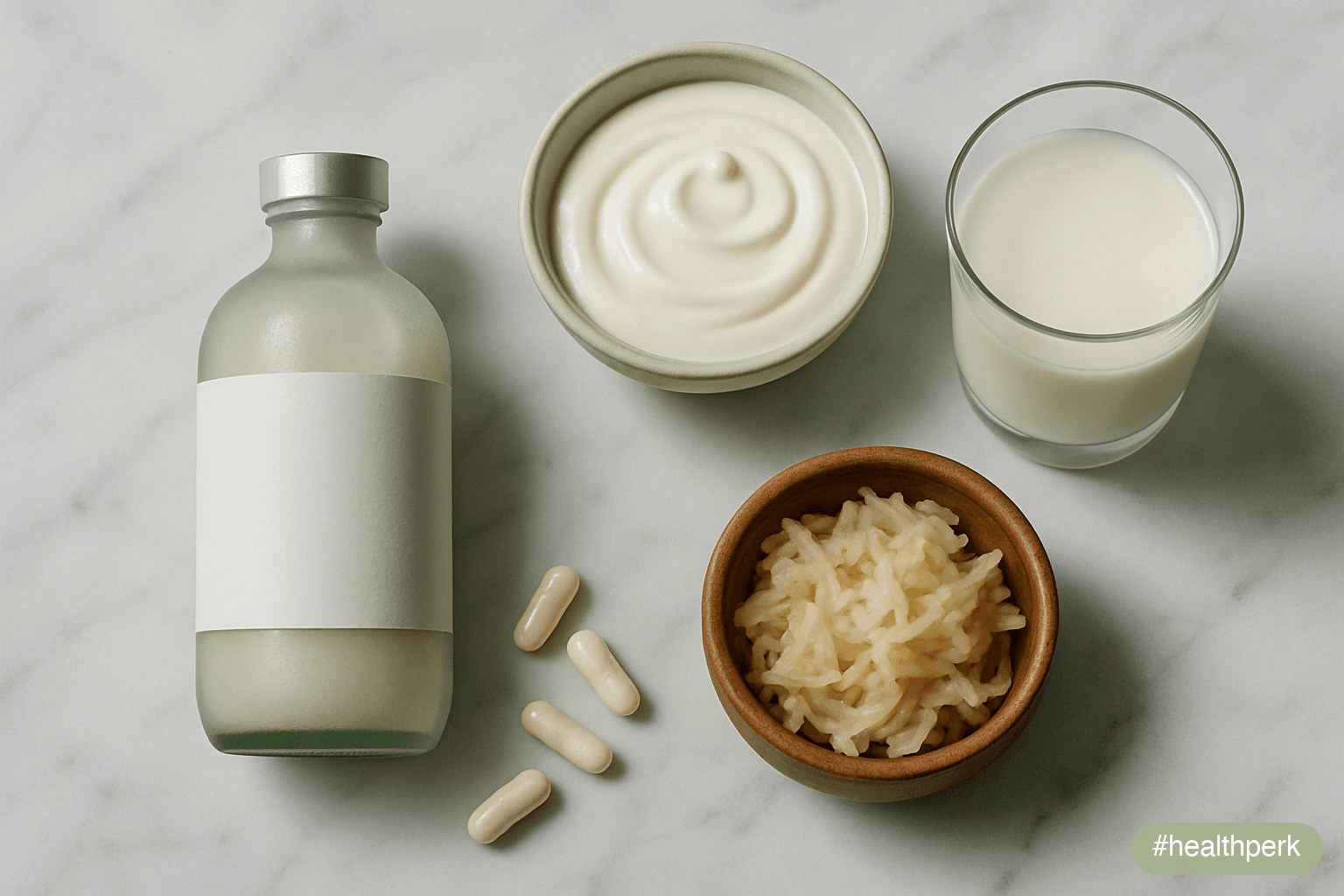 Photo of a refrigerated probiotic capsule bottle alongside a small jar of plain yogurt, a bowl of kefir, a serving of sauerkraut, and a printed label clearly showing strain name (Lactobacillus rhamnos