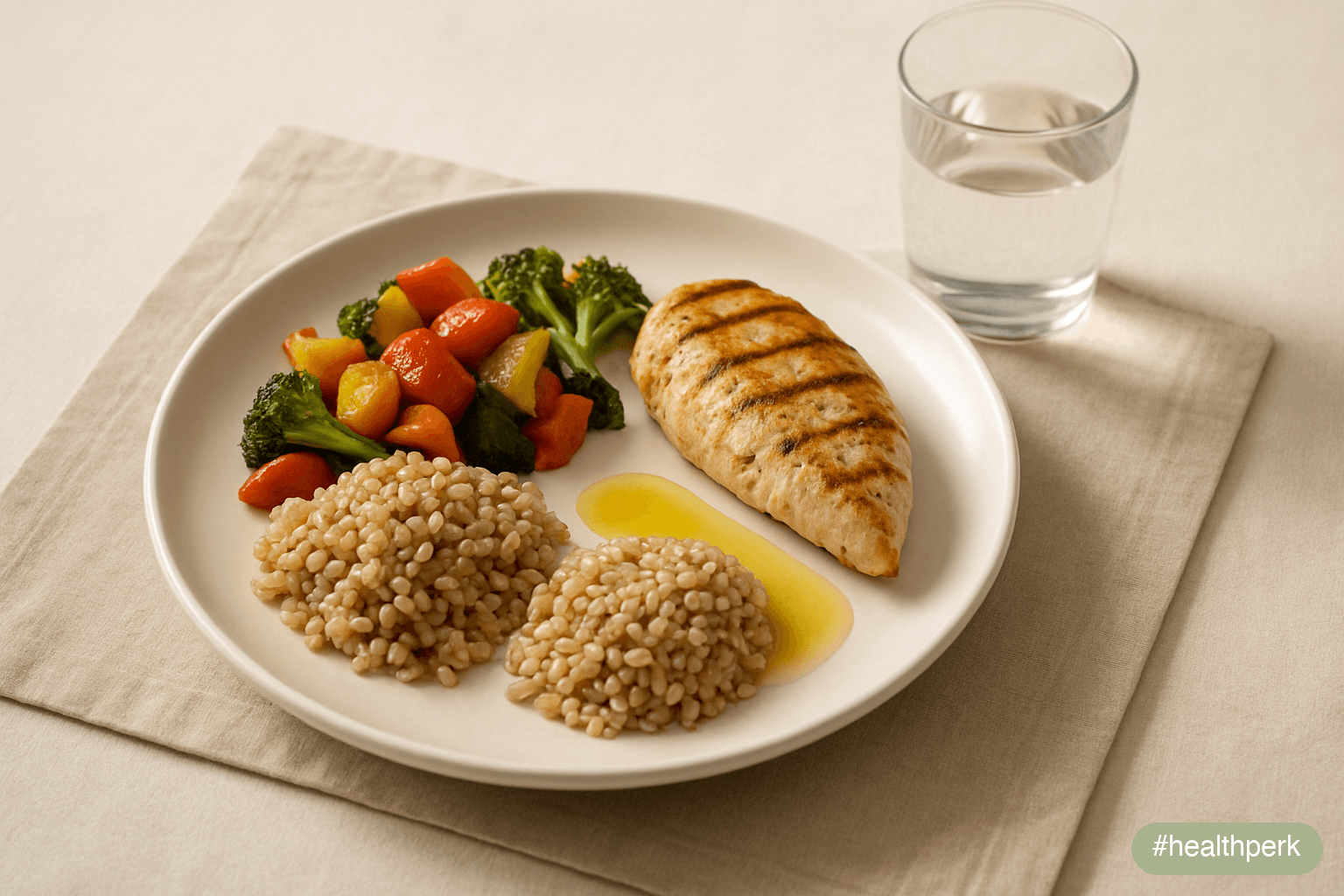 Photo of a round plate divided visually by its food into four natural sections — a portion of grilled chicken, a mound of roasted vegetables, a scoop of whole grains, and a small pool of olive oil — b