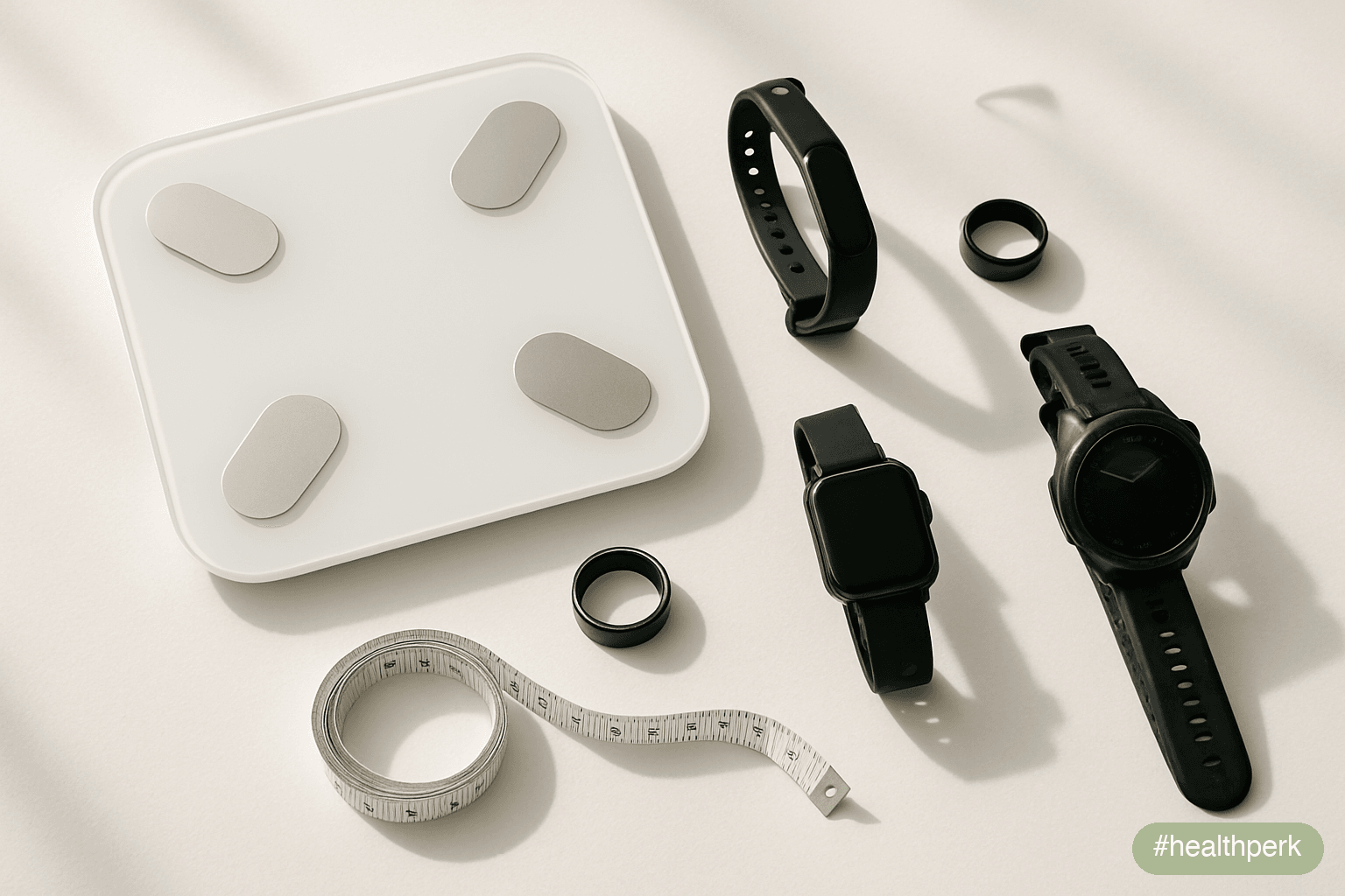 Photo of a side-by-side device array — a Withings smart scale, a Renpho scale, a Fitbit Charge, an Apple Watch, an Oura ring, a Garmin watch, and a tape measure — illustrating devices for tracking wei