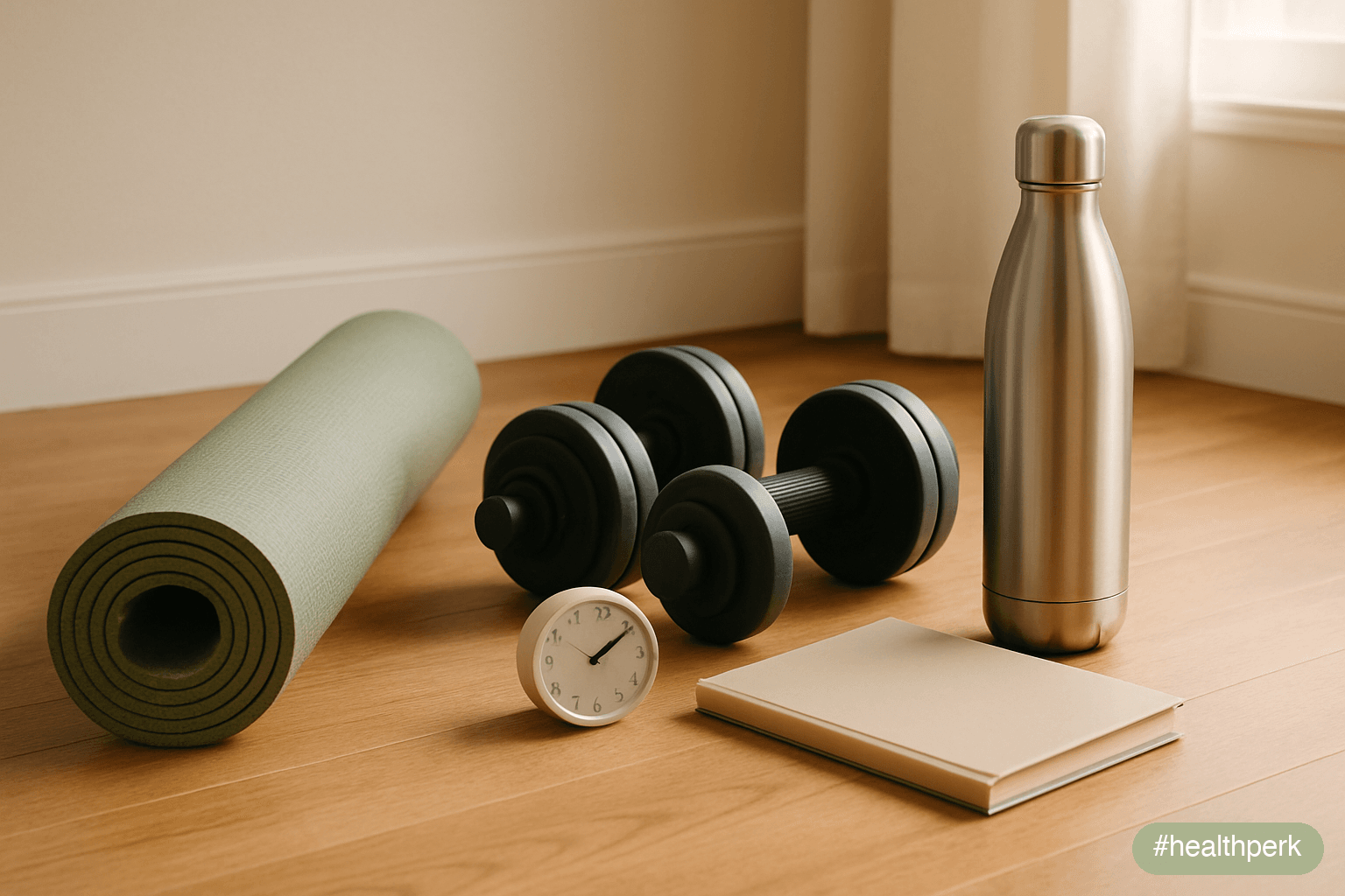 Photo of a small home training corner with a rolled yoga mat, two adjustable dumbbells, a kitchen timer, a water bottle, and a closed notebook on a hardwood floor — everything inexpensive, nothing spe