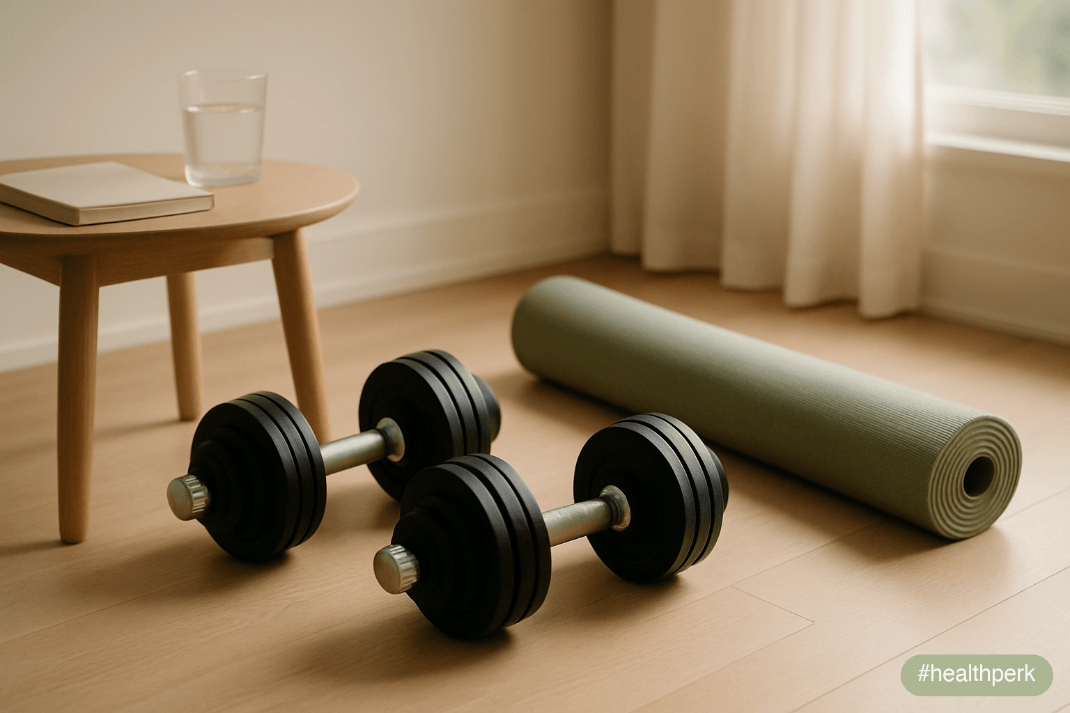 Photo of a small home training space with adjustable dumbbells, a rolled yoga mat, a closed notebook on a side table, and a glass of water — the deliberate, uncluttered setup of a practice tracked ove
