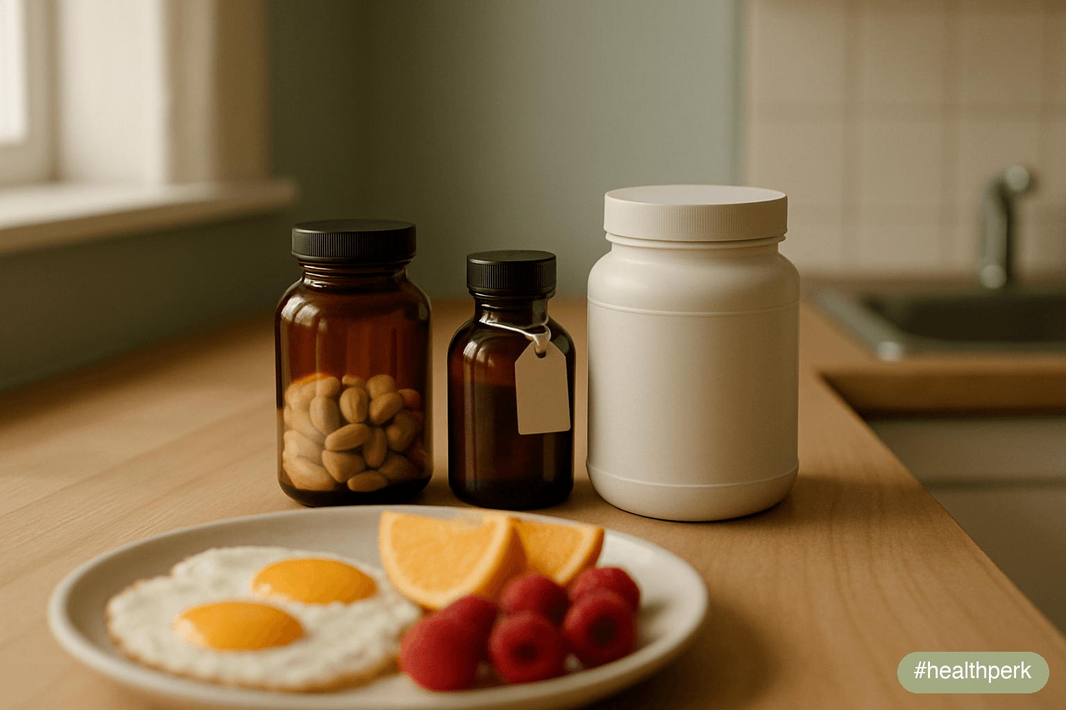 Photo of a small kitchen counter scene showing a B-complex bottle, an iron bottle with a "if low ferritin only" tag, and a creatine container, alongside breakfast — illustrating a supplement stack for