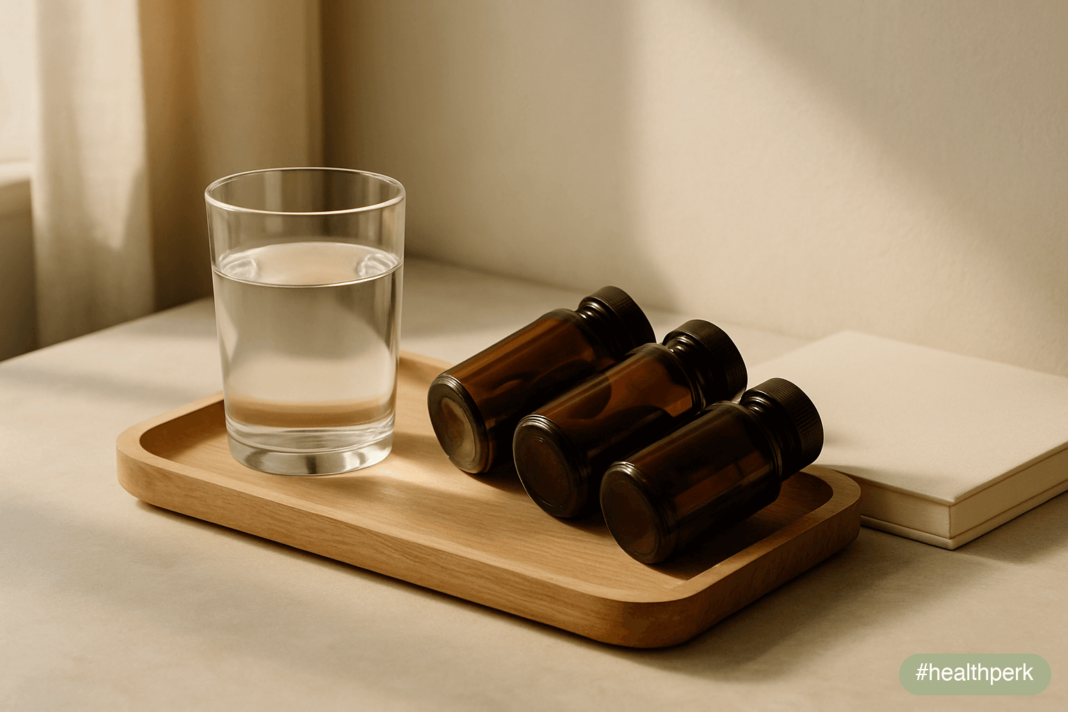 Photo of a sunlit kitchen counter with a glass of water, a small closed notebook, a pair of walking shoes, and a single amber supplement bottle — the reassuringly short list of a beginner's daily inpu