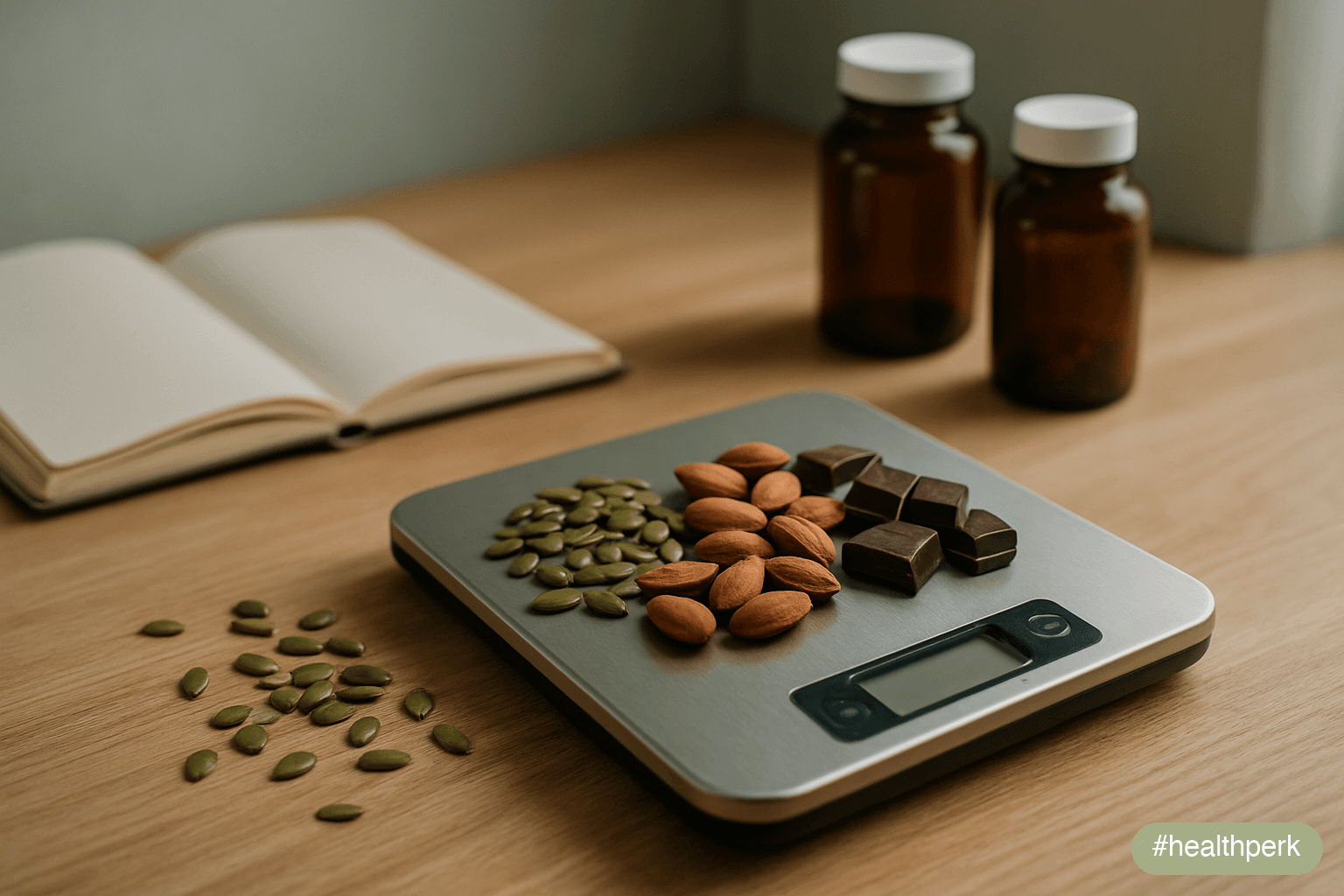 Photo of a small kitchen scale and notebook with a column of magnesium-rich foods (pumpkin seeds, almonds, spinach, dark chocolate) and a column of supplement bottles, illustrating magnesium dosage pe