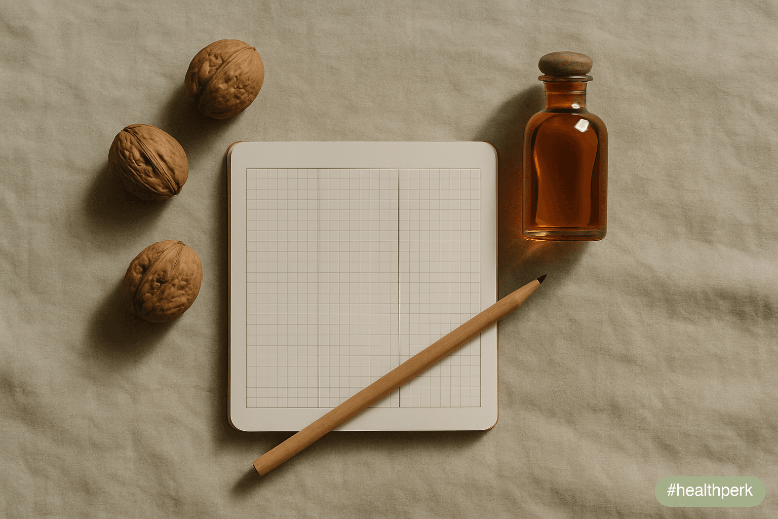 Photo of a small notebook with three columns labeled "Fatty fish per week", "Cardiovascular and triglyceride status", "Pregnancy / lactation status" — alongside a fish oil softgel and an algal oil cap