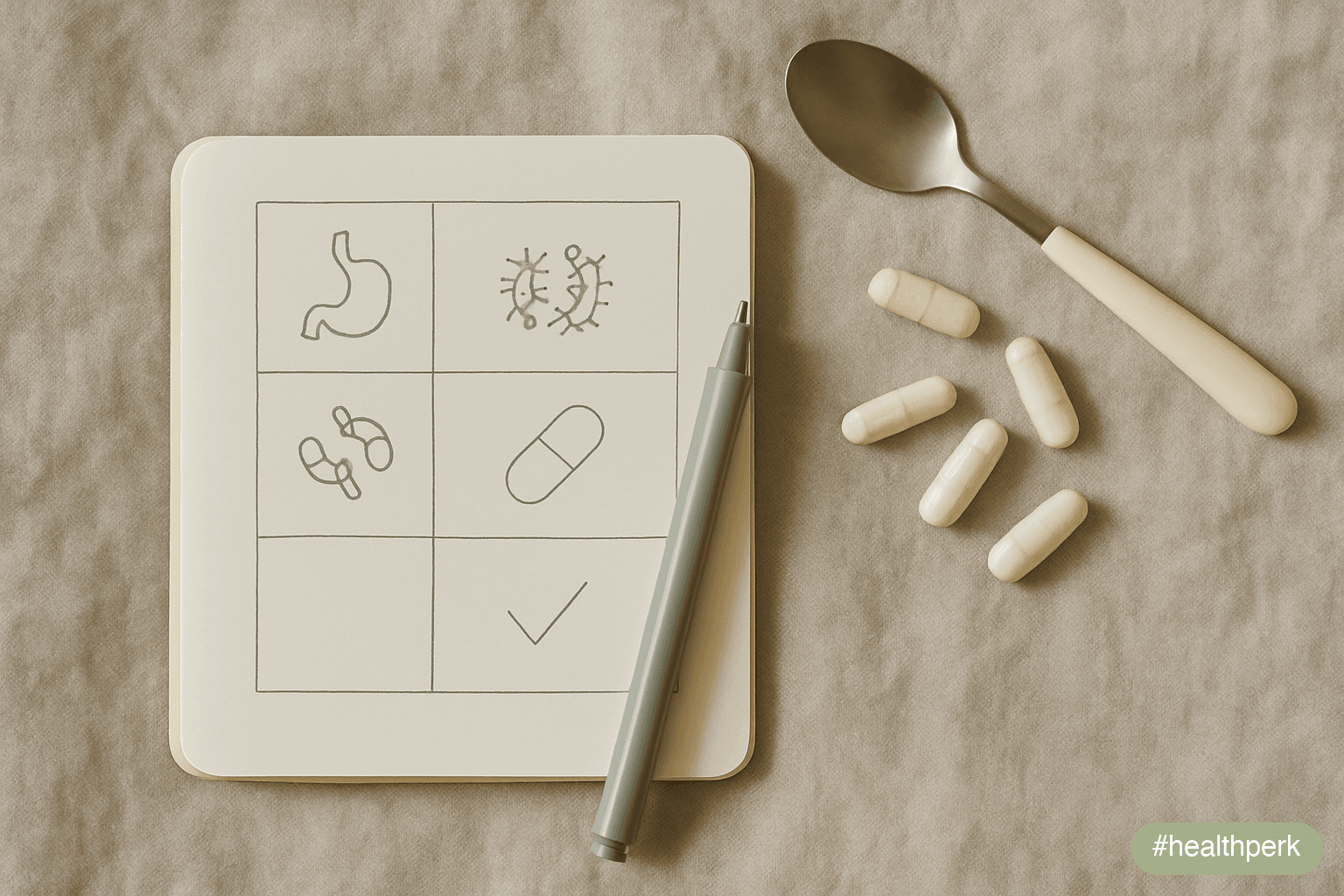 Photo of a small notebook with a four-row table showing condition (antibiotic-associated diarrhea, acute pediatric diarrhea, IBS, traveler's diarrhea) matched to strain (L. rhamnosus GG / S. boulardii