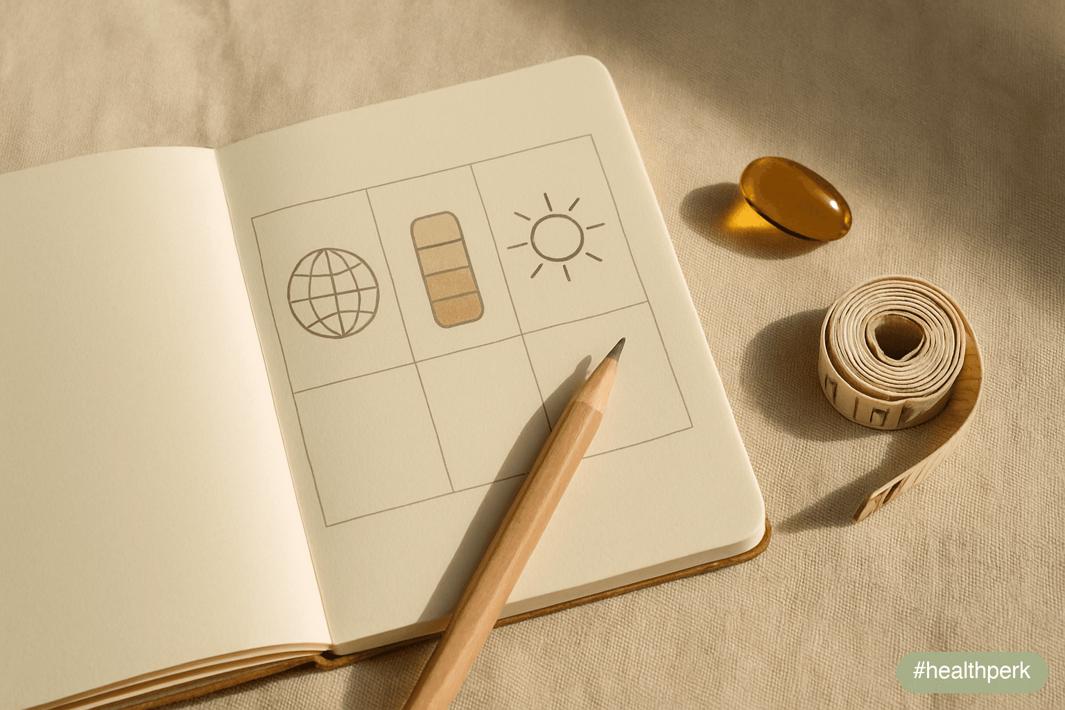 Photo of a small notebook with three columns labeled "Latitude", "Skin pigmentation", "Sun exposure habits" — alongside a vitamin D softgel and a tape measure, illustrating do i need vitamin d supplem