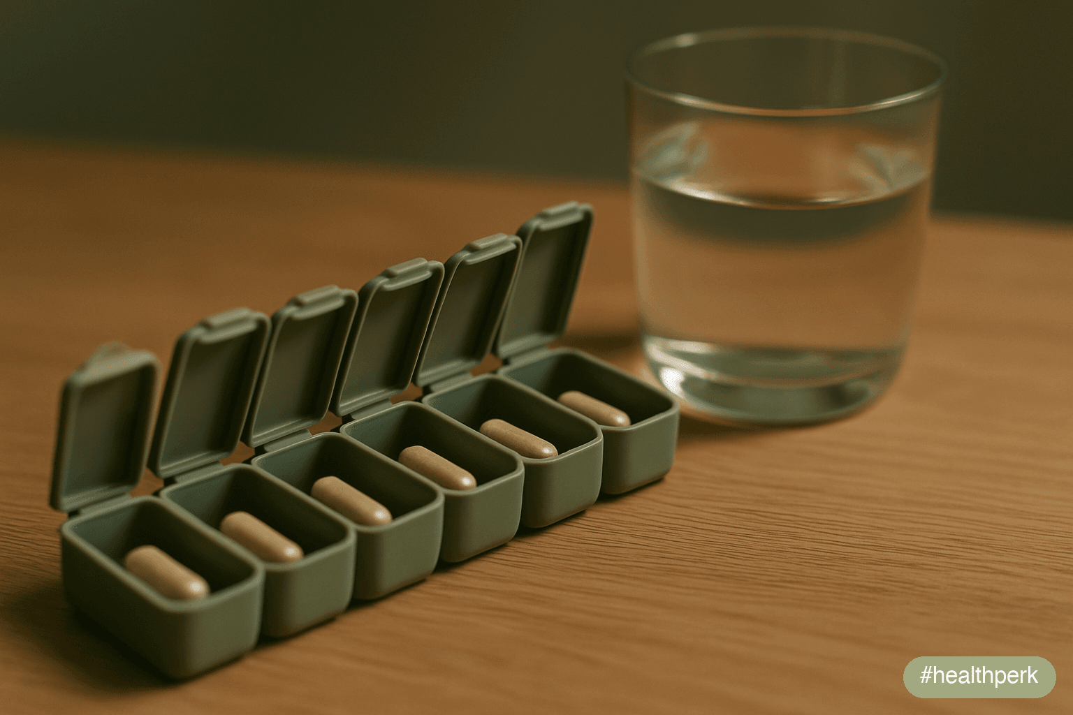 Photo of a small weekly pill organizer with a single magnesium glycinate capsule placed in each evening slot, illustrating should I take magnesium daily as a question of consistent low-dose habit rath