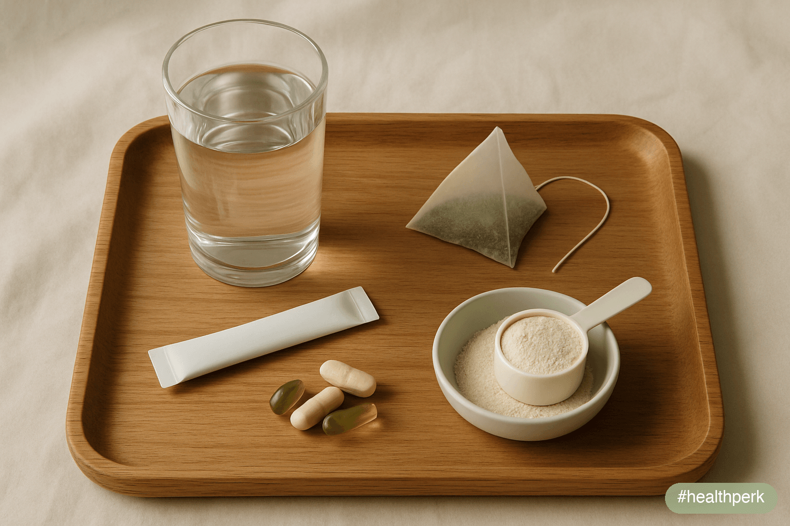 Photo of a small wooden tray with a glass of water, a fiber sachet, a green tea sachet, a protein scoop, and capsules in soft daylight — illustrating supplements that help weight loss naturally as evi