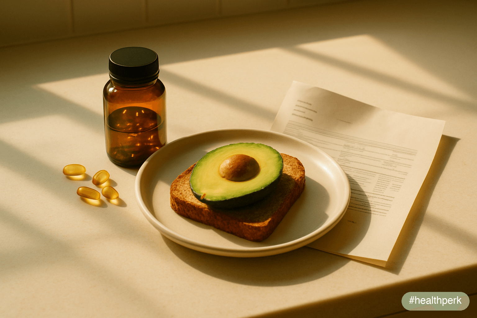 Photo of a sunlit kitchen counter with a small amber bottle of vitamin D3 softgels, a half-eaten avocado on whole-grain toast, and a paper printout of a lab report showing a 25-hydroxyvitamin D value,
