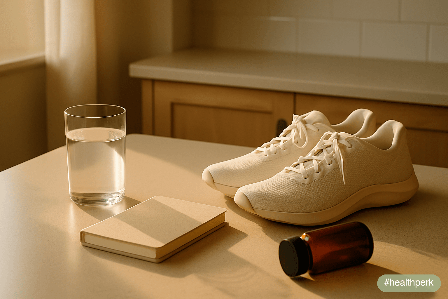 Photo of a small kitchen tray with three amber supplement bottles beside a glass of water and a closed notebook — the modest, considered set of a deliberate decision, bottle labels too small or turned