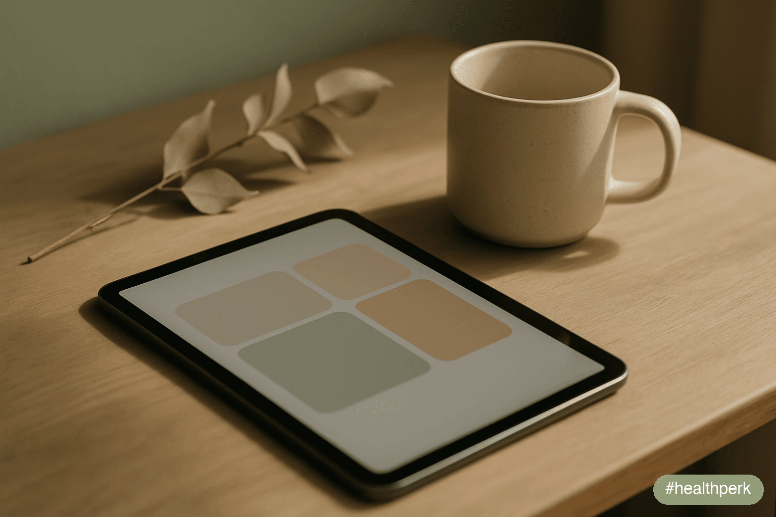 Photo of a tablet resting face-up on a wooden desk, its screen showing only an abstract grid of soft colour blocks — no readable labels or text — beside a matte ceramic mug and a dried sprig of eucaly