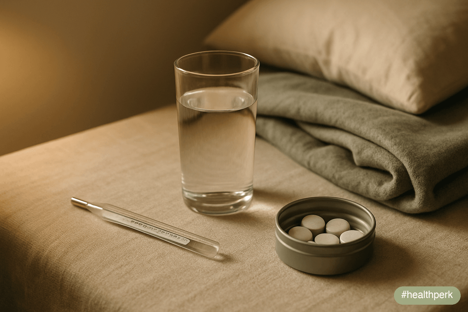 Photo of a thermometer, water glass, and zinc lozenges on a bedside table next to a sleeping figure under warm blankets — illustrating how to improve immunity fast through acute supportive measures