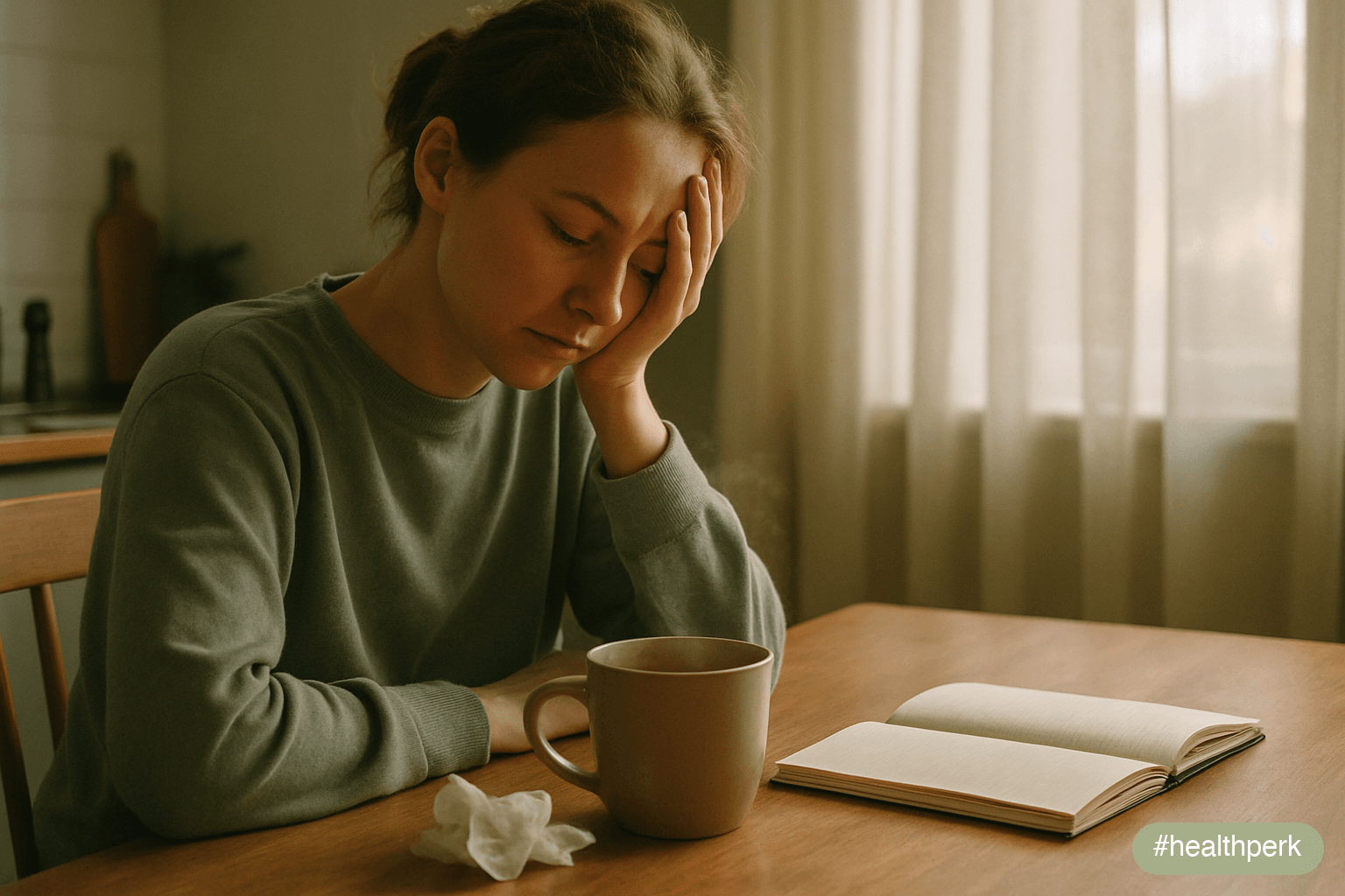 Photo of a tired adult at a kitchen table with a mug of tea, tissues, and a journal, soft morning light — illustrating why do I get sick so often through the everyday recovery deficits that lower immu