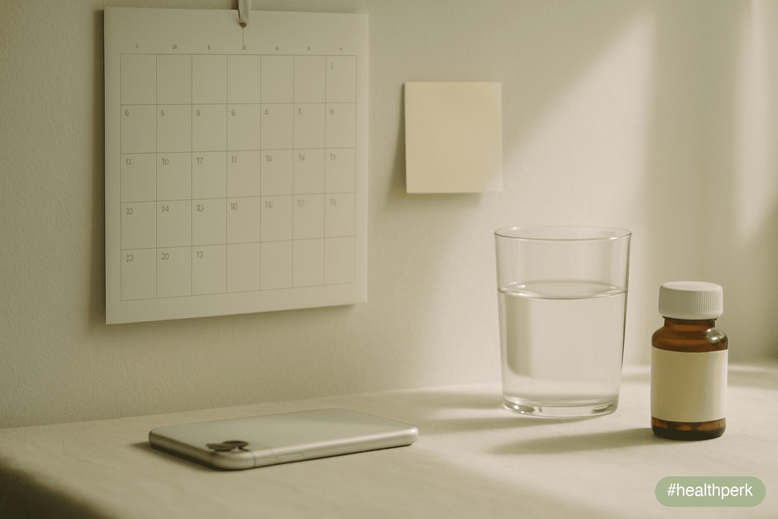 Photo of a desk with a laptop open to an unreadable document page — text too small and blurred to make out — a phone placed face-down beside it, and a small paper note with a pen resting across it, th