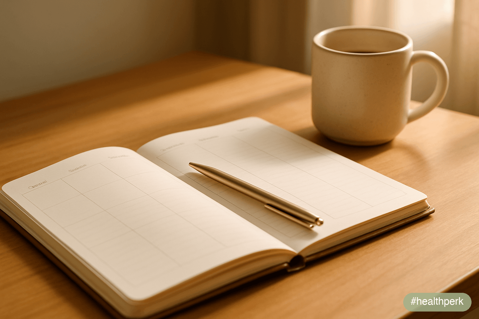 Photo of a weekly planner open on a wooden desk, columns for each day visible but text too small and blurred to read, a pen resting across the open page and a ceramic mug beside it — the tangible stru