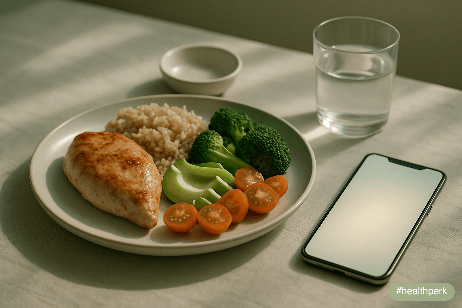 Photo of a well-composed lunch plate — a portion of lean protein, bright vegetables, a scoop of complex carbs — beside a phone with a soft-glowing screen showing no readable UI, a small empty dish and