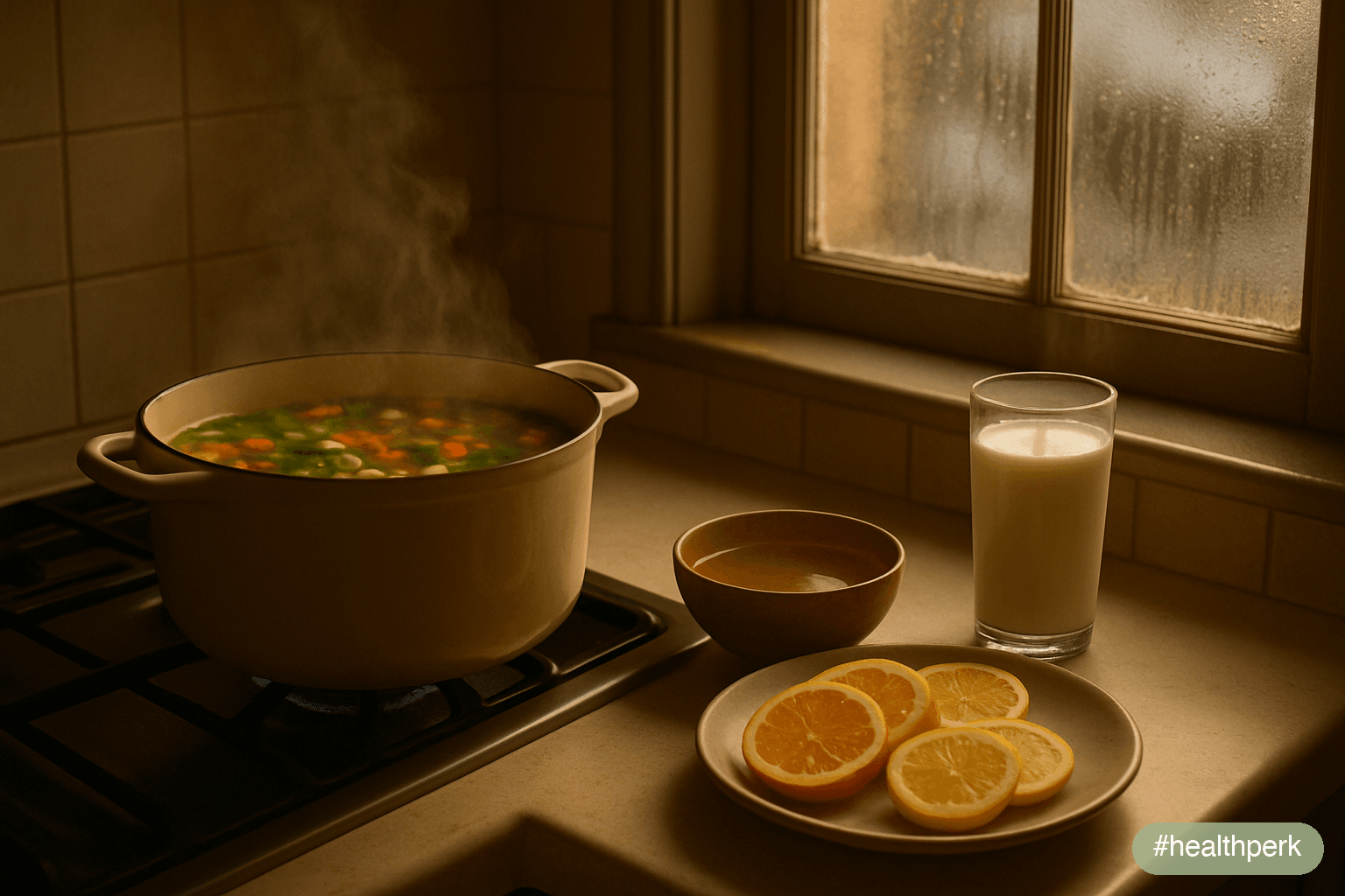 Photo of a winter kitchen scene with a pot of vegetable soup, a bowl of garlic-and-ginger broth, a plate of citrus fruit, and a glass of kefir — illustrating foods to prevent illness during high-expos