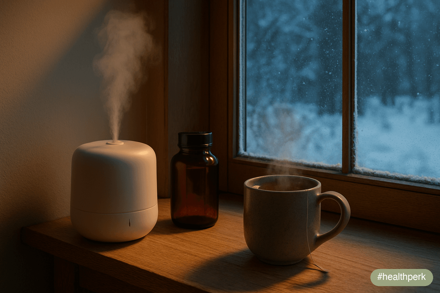 Photo of a wintry indoor scene with a humidifier, vitamin D bottle, mug of tea, and a window showing snow outside — illustrating how to boost immunity in winter through seasonal adjustments