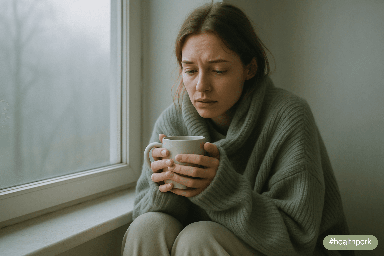 Photo of a woman wrapped in a sweater holding a warm mug on a cool morning, soft natural light — illustrating slow metabolism symptoms female through cold intolerance and lower energy
